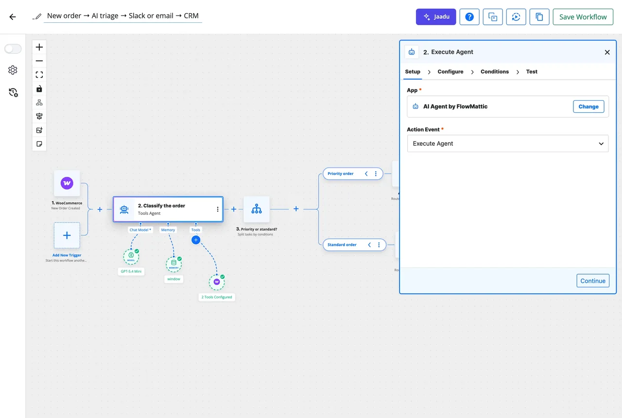 The step panel open in the builder, showing the Setup, Configure, Conditions and Test tabs and the event selector