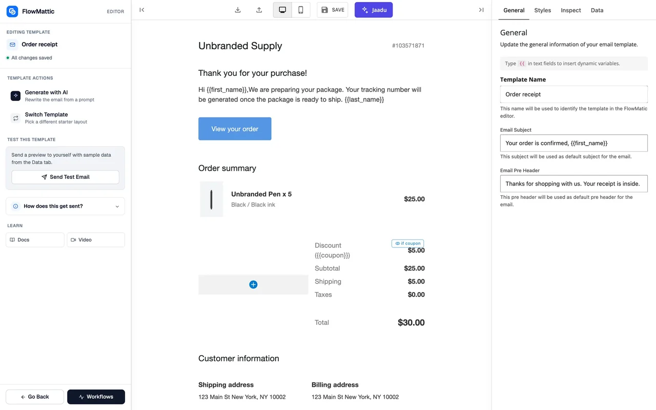 The Email Template Builder editing an e-commerce receipt template with an order summary block, the block palette on the left and settings on the right