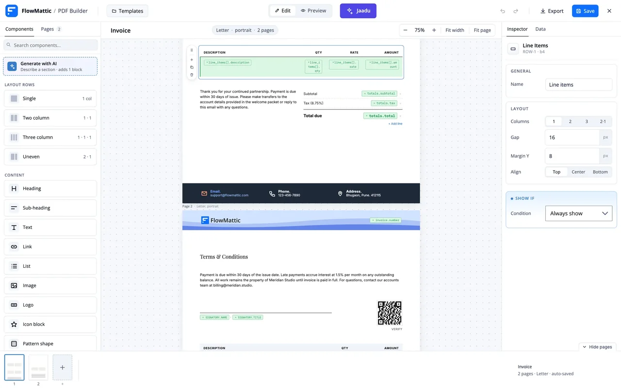 The PDF Template Builder editing an invoice template with line items, totals, payment terms and a QR code