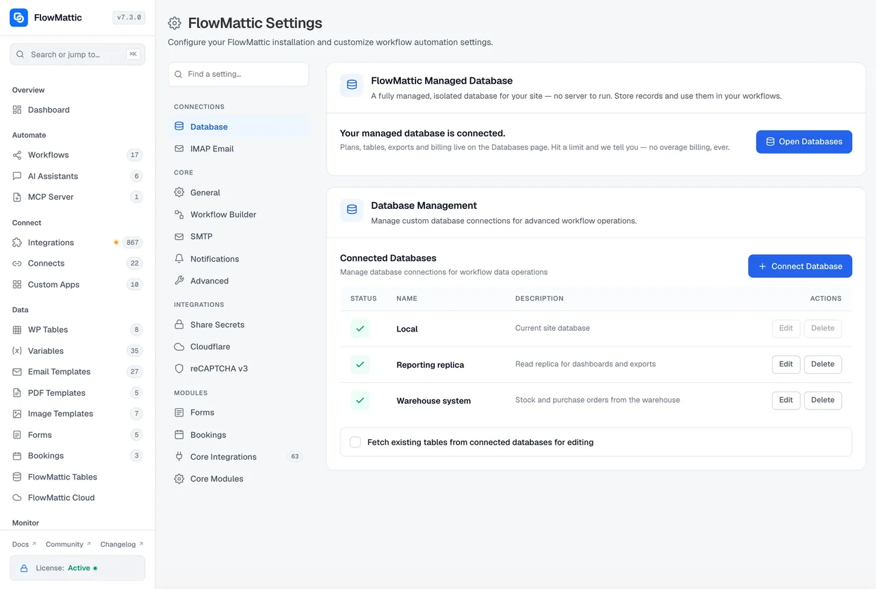 The FlowMattic Settings screen with its General, access and module sections