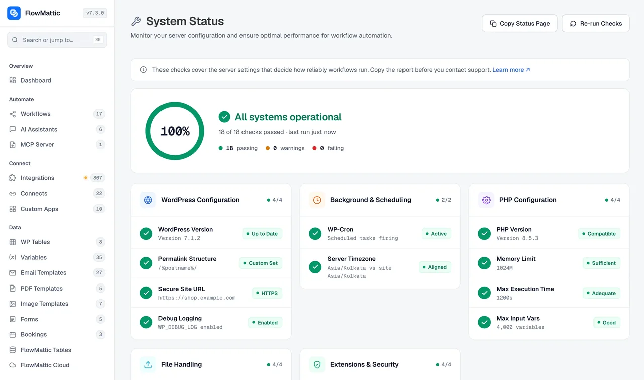 The FlowMattic Status screen listing environment checks for the server, PHP, database and scheduler, each marked as passing or needing attention