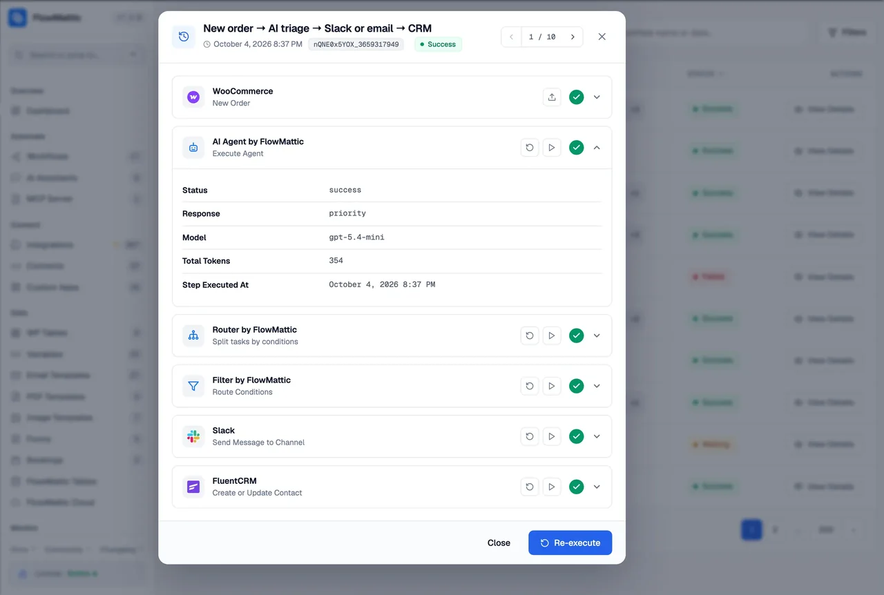 A run opened from Task History, listing each step with its status, one step expanded to show the response it returned, and a Re-execute button