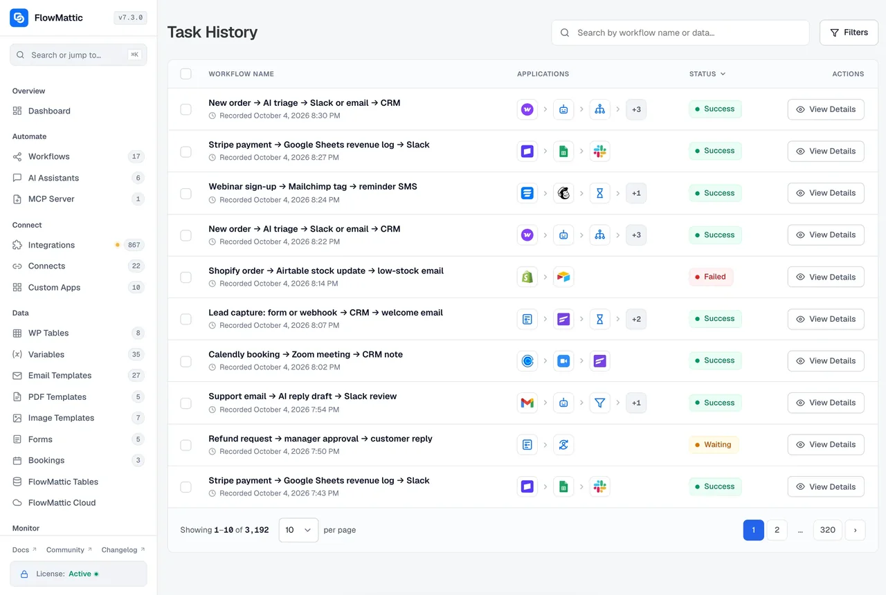 The Task History screen listing workflow runs with their applications, status and a View Details action, plus search and filters