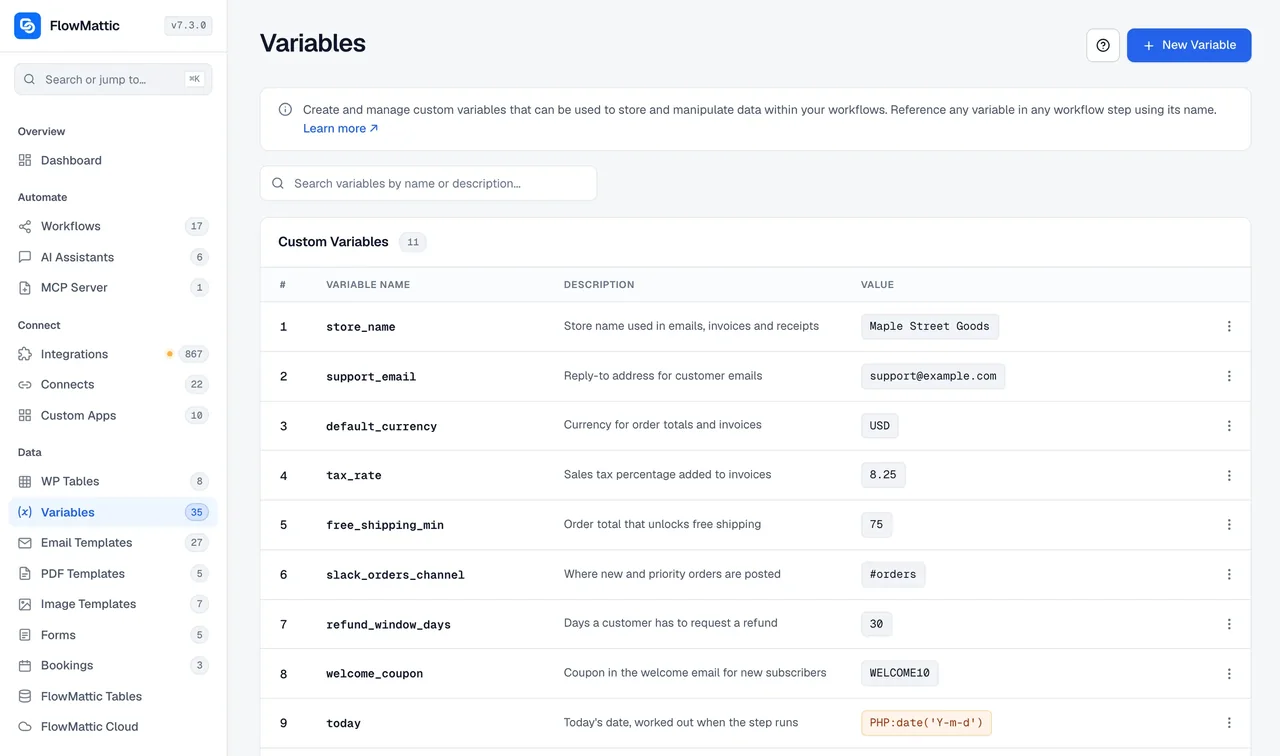 The Variables screen listing custom variables with their names, descriptions and values, including values that call a PHP function