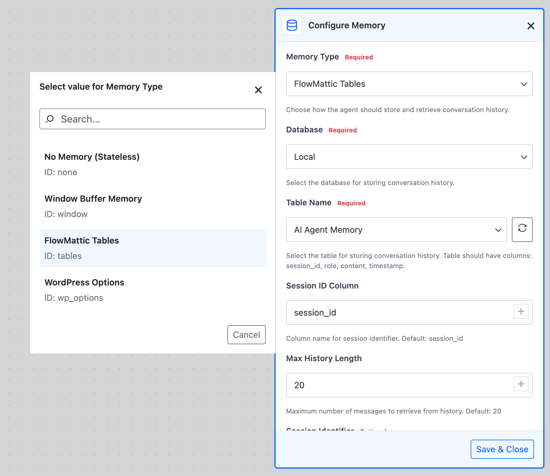 AI Agent memory configuration in FlowMattic