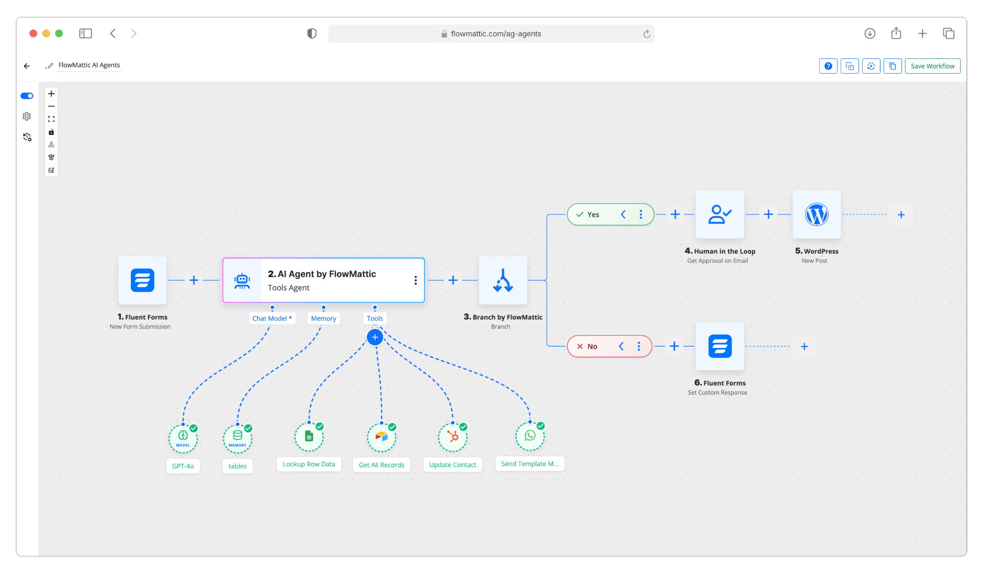 FlowMattic AI Agents workflow builder screenshot