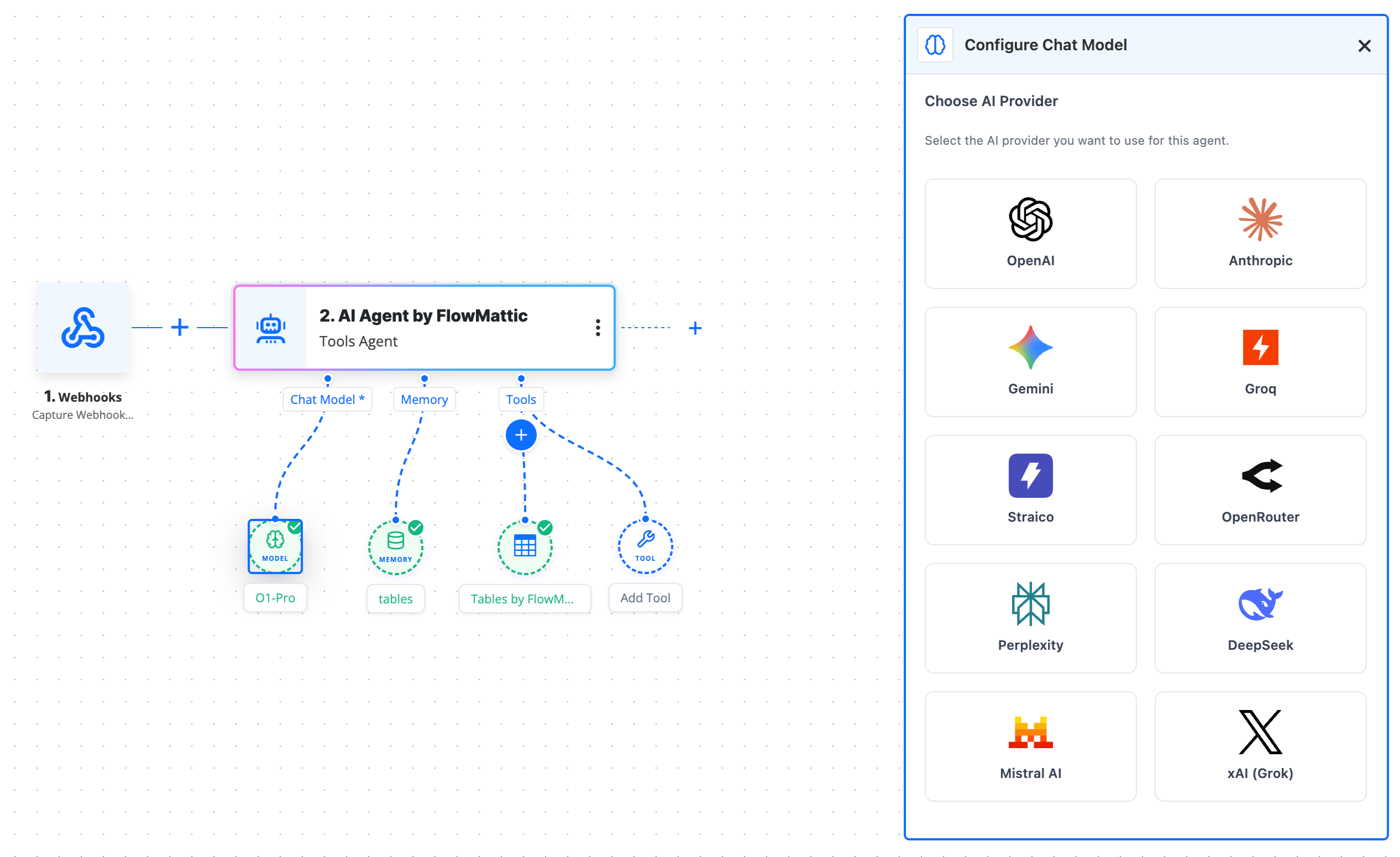 FlowMattic AI Agent provider selection with 10 AI providers