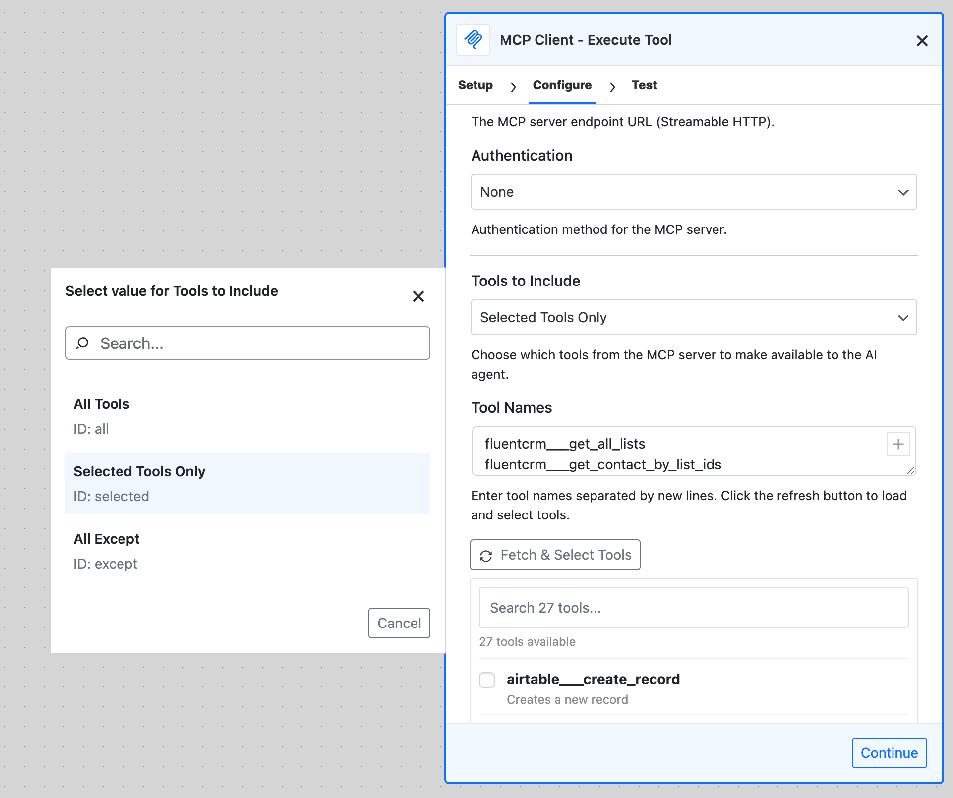FlowMattic MCP Client - Execute Tool configuration interface