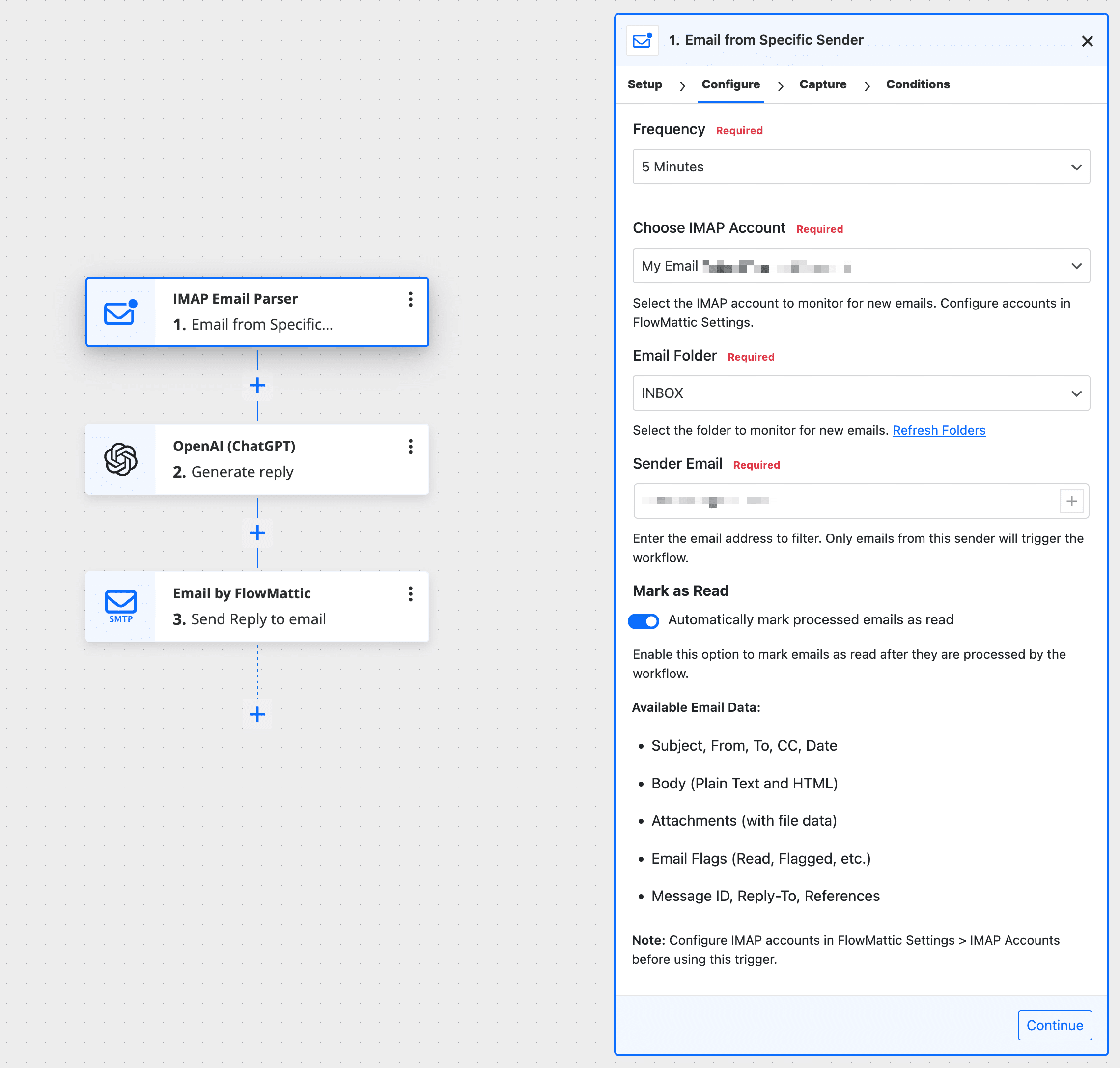 FlowMattic 5.4.0 - IMAP Email Parser - Workflow example