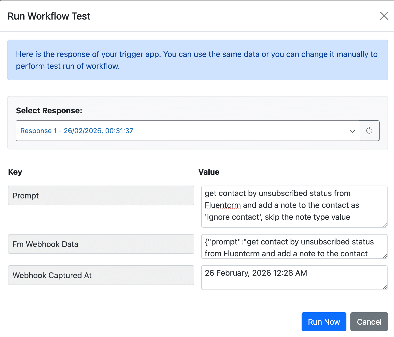Workflow Builder - test run response selection