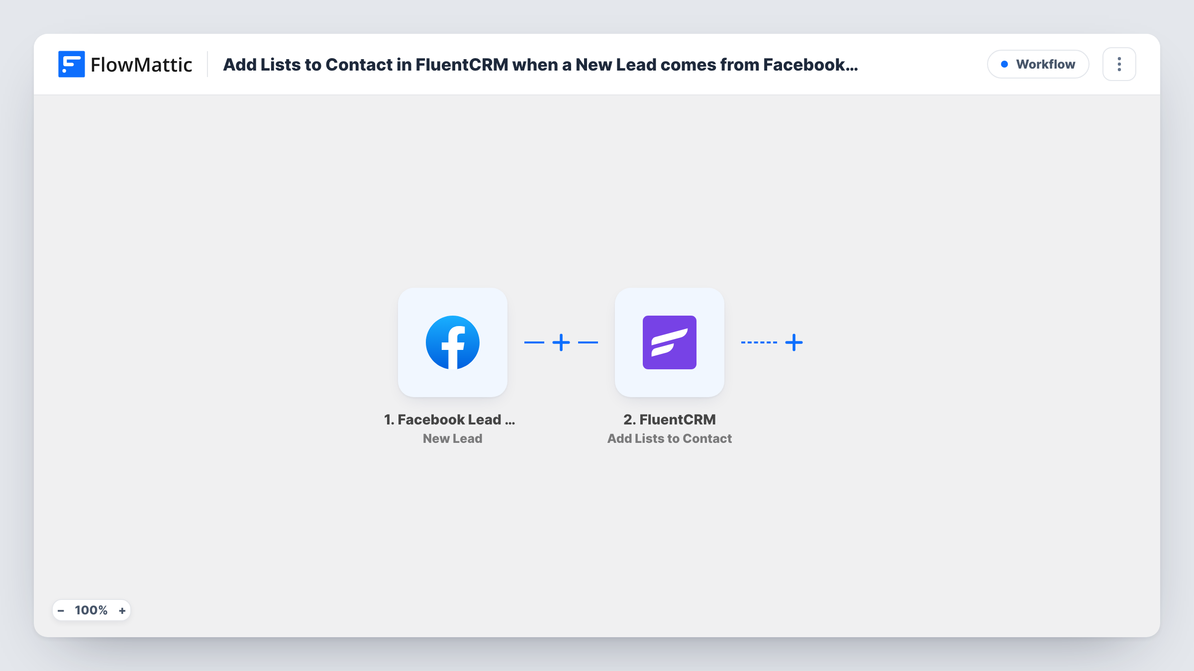 Add Lists to Contact in FluentCRM when a New Lead comes from Facebook Lead Ads workflow preview