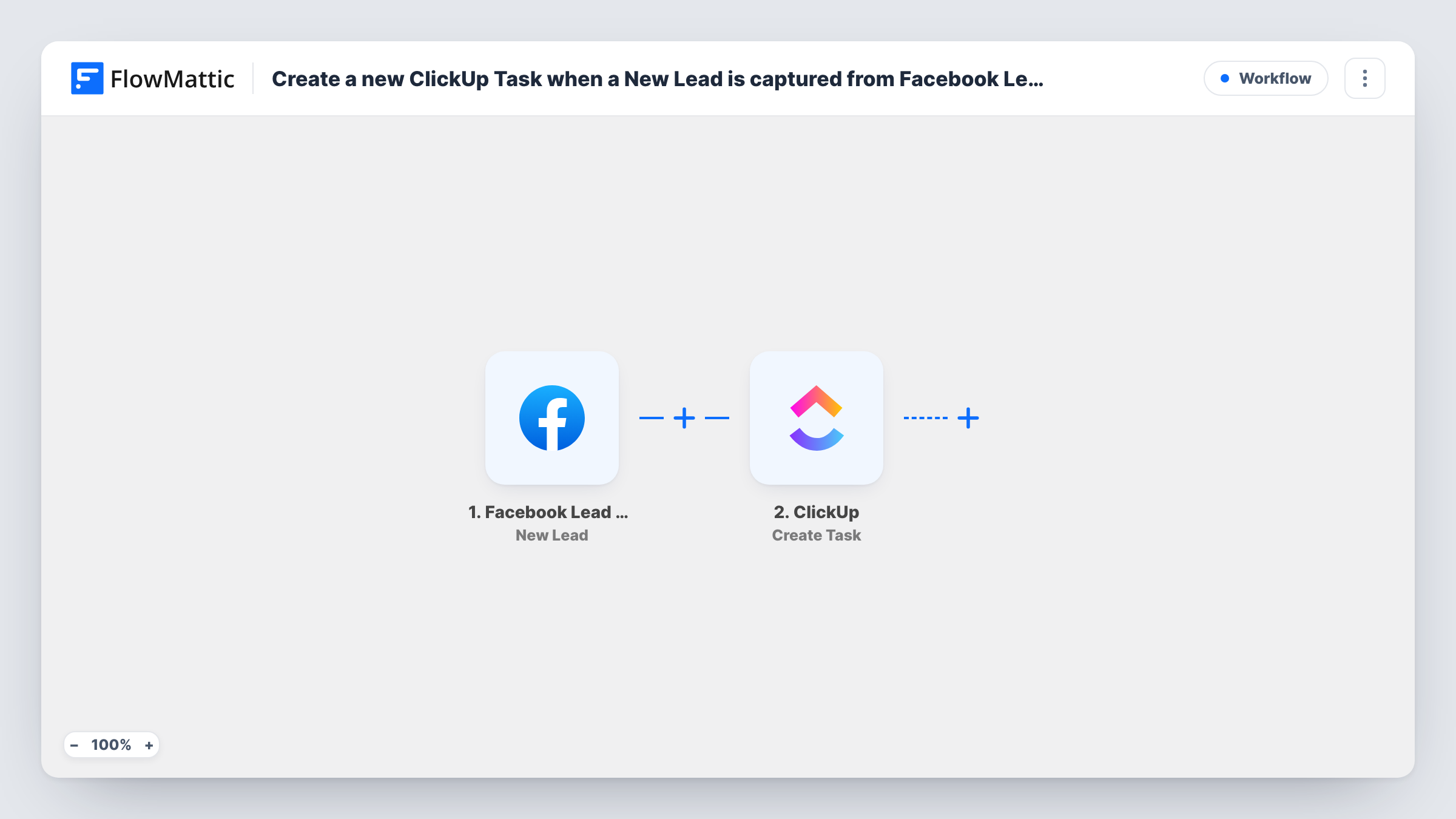 The Create a new ClickUp Task when a New Lead is captured from Facebook Lead Ads workflow on the FlowMattic canvas, with 2 steps across Facebook Lead Ads, ClickUp