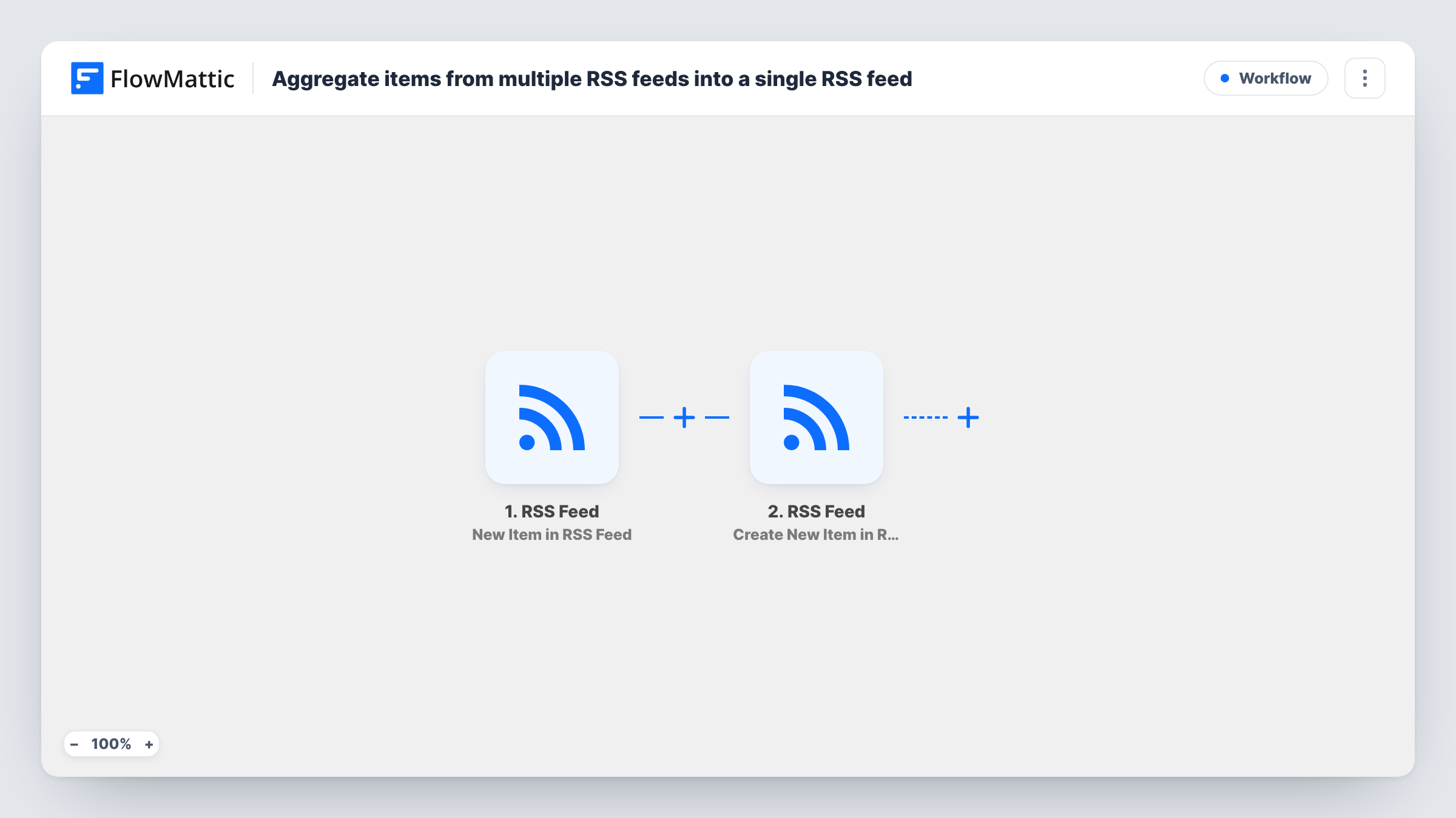 Aggregate items from multiple RSS feeds into a single RSS feed workflow preview
