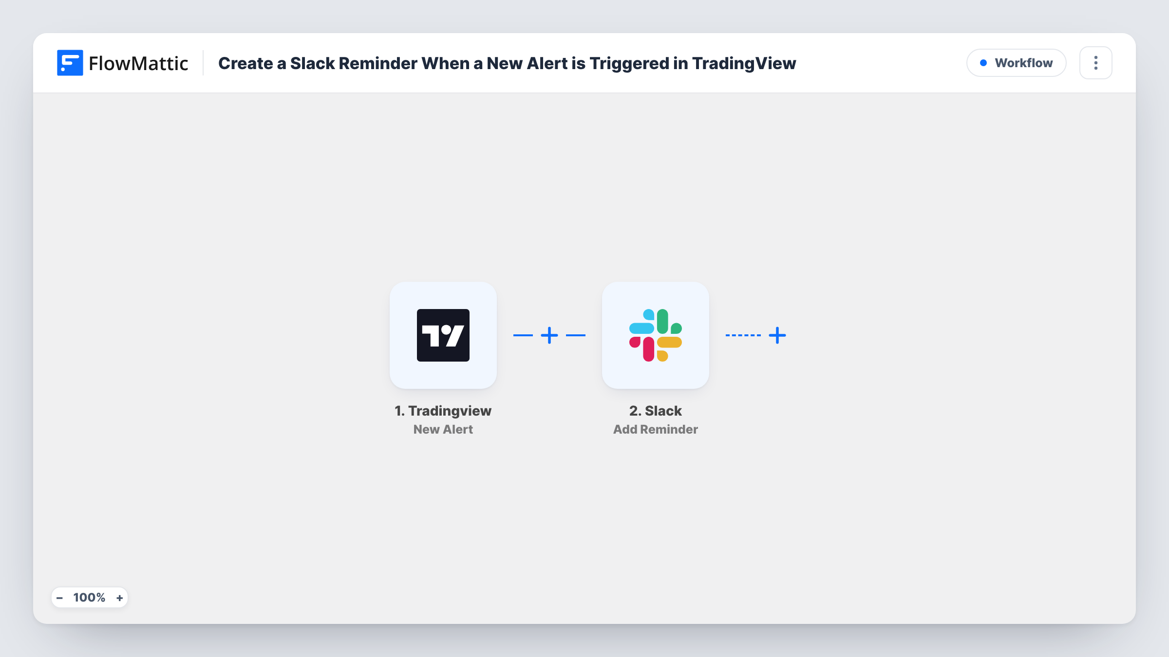 The Create a Slack Reminder When a New Alert is Triggered in TradingView workflow on the FlowMattic canvas, with 2 steps across Tradingview, Slack
