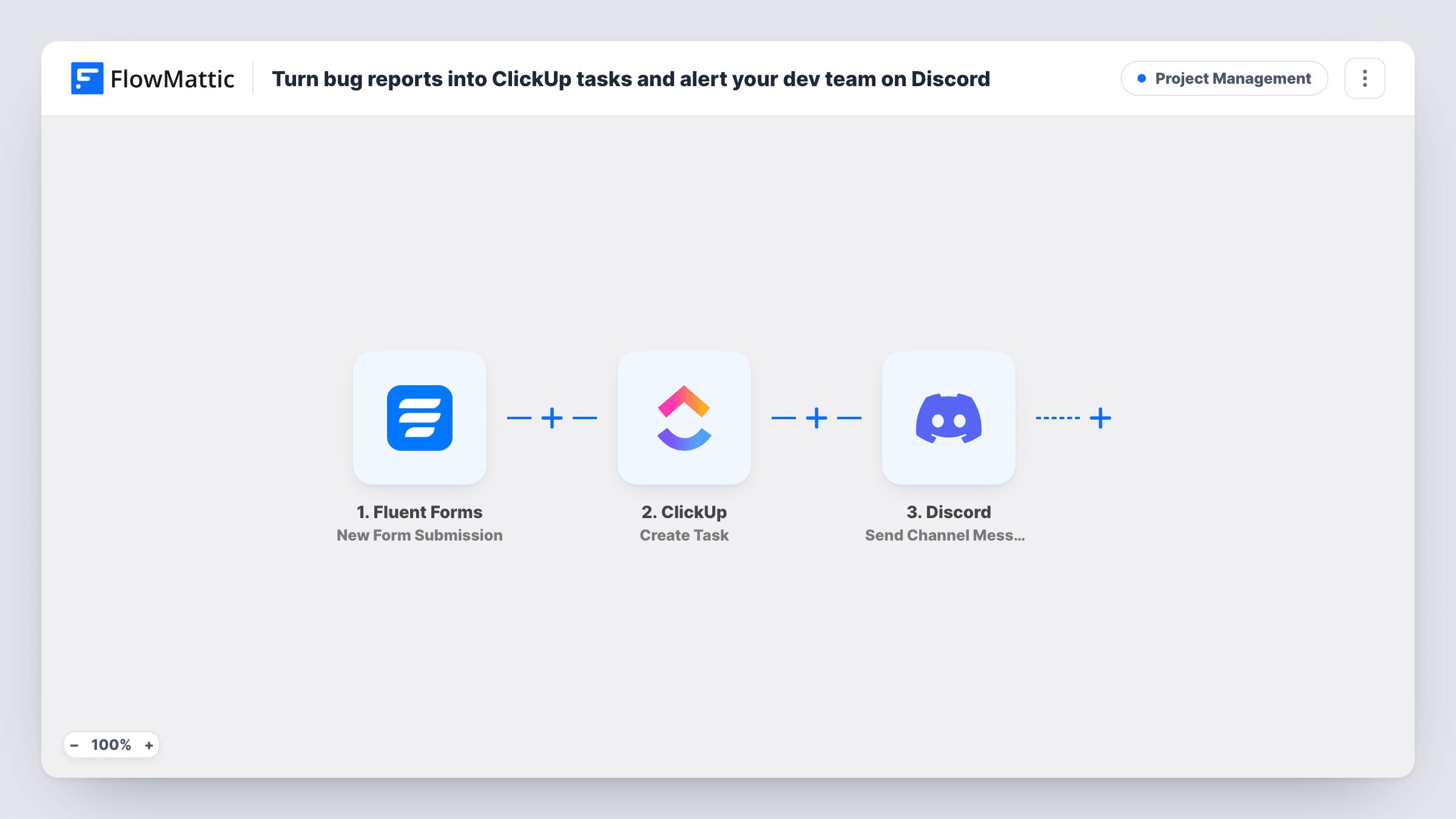 The Turn bug reports into ClickUp tasks and alert your dev team on Discord workflow on the FlowMattic canvas, with 3 steps across Fluent Forms, ClickUp, Discord