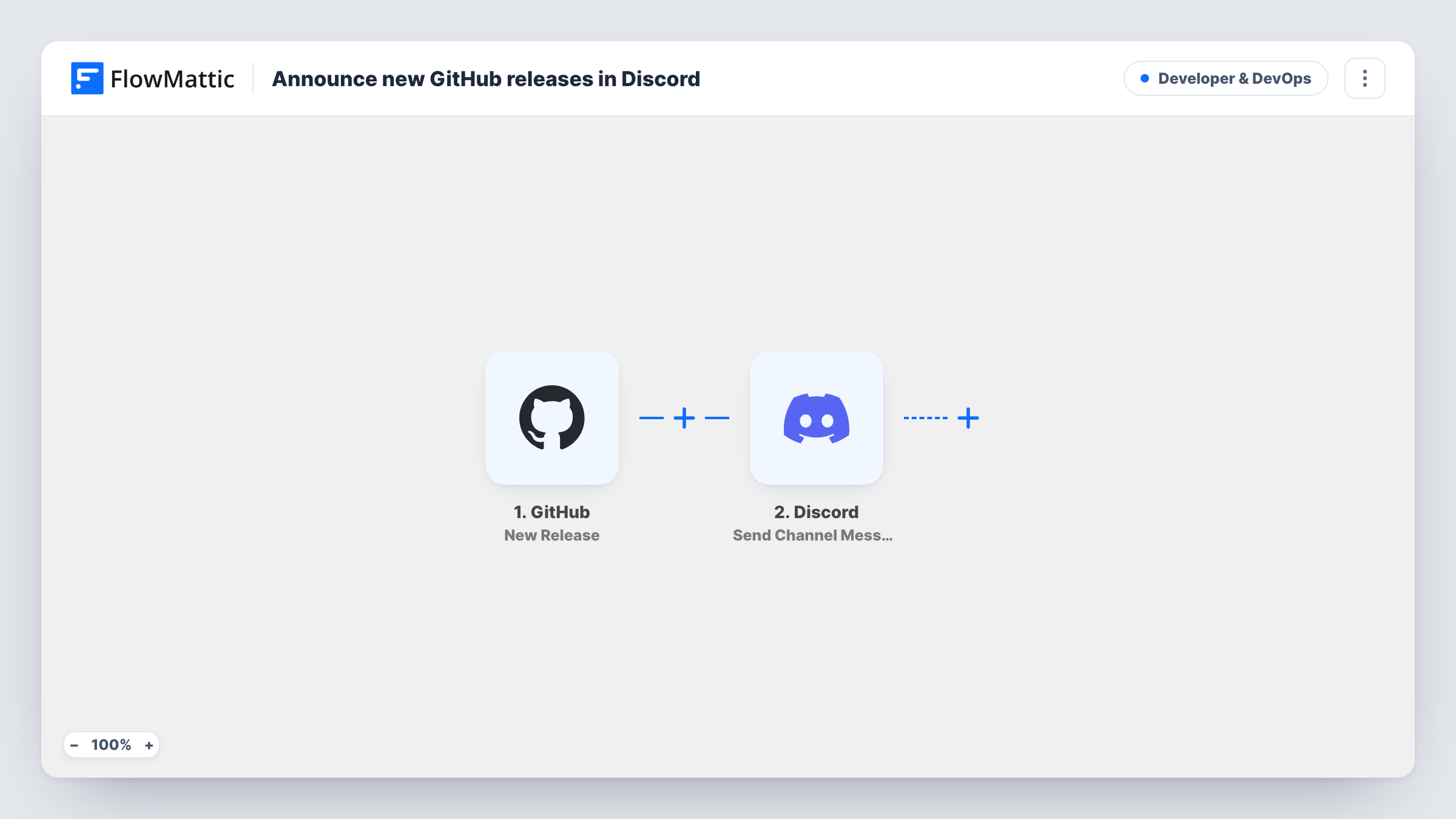 The Announce new GitHub releases in Discord workflow on the FlowMattic canvas, with 2 steps across GitHub, Discord