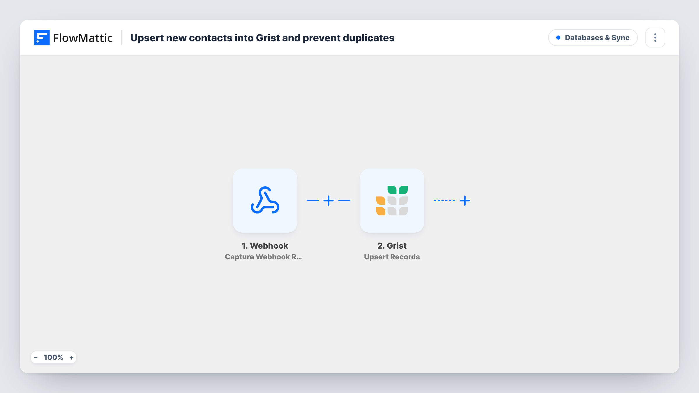 The Upsert new contacts into Grist and prevent duplicates workflow on the FlowMattic canvas, with 2 steps across Webhook, Grist