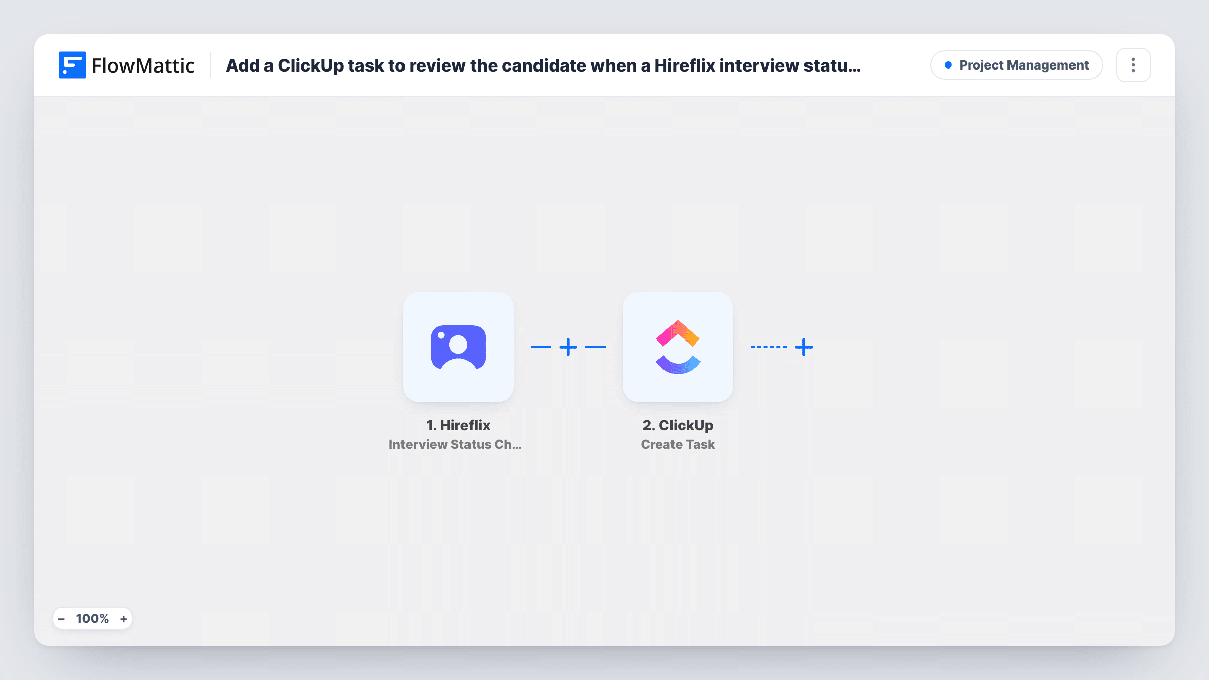 The Add a ClickUp task to review the candidate when a Hireflix interview status changes workflow on the FlowMattic canvas, with 2 steps across Hireflix, ClickUp