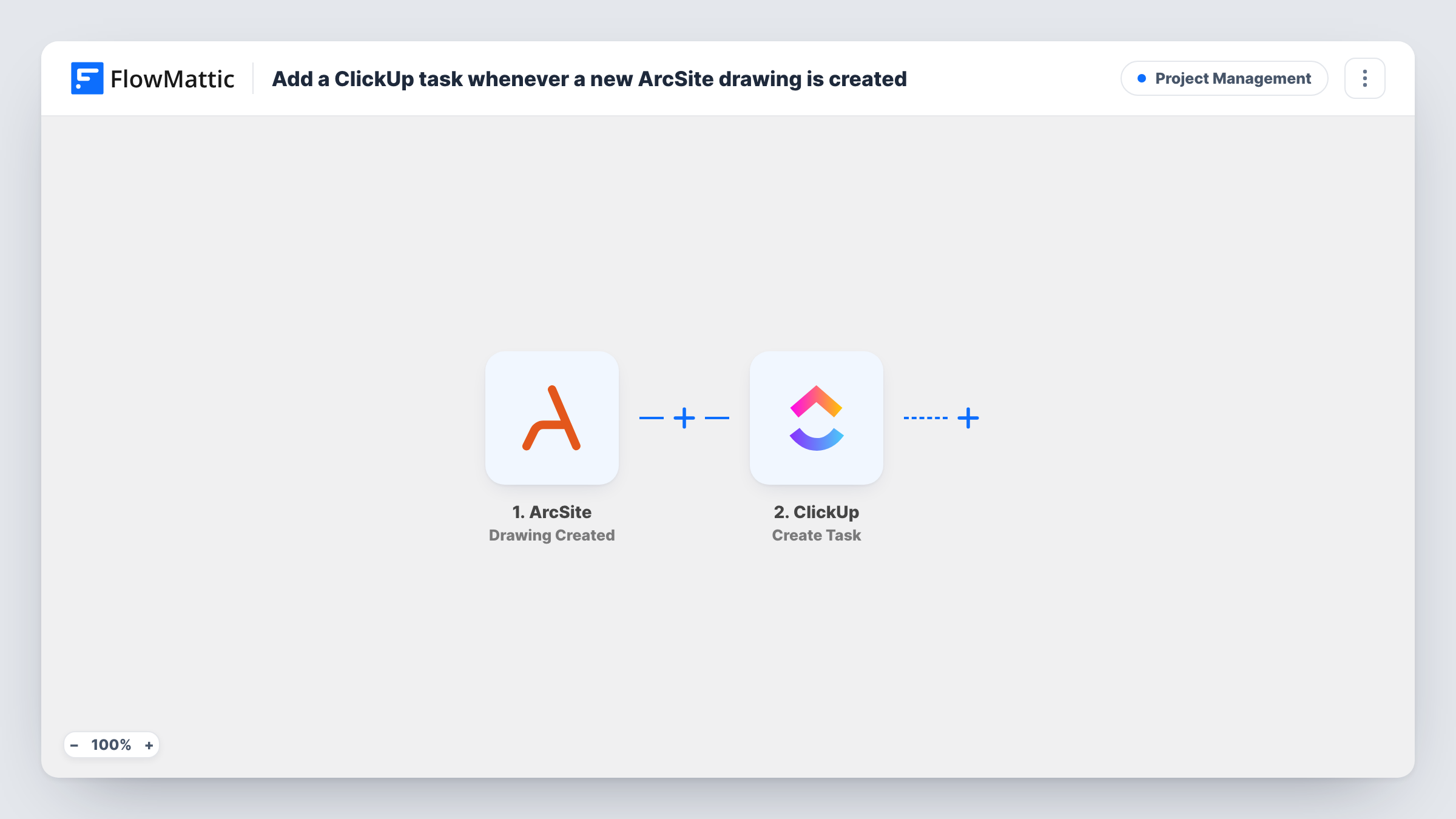 The Add a ClickUp task whenever a new ArcSite drawing is created workflow on the FlowMattic canvas, with 2 steps across ArcSite, ClickUp