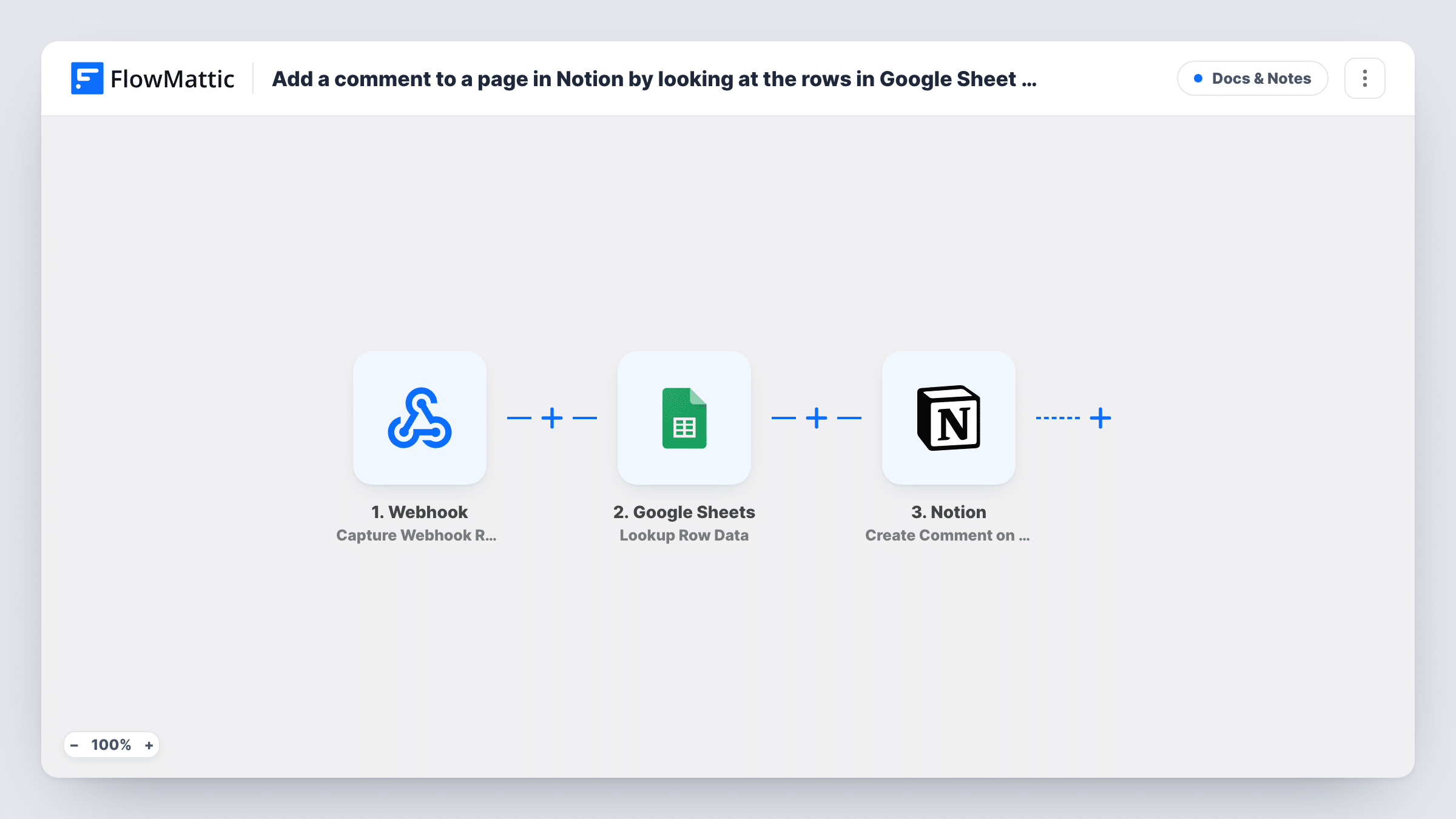 The Add a comment to a page in Notion by looking at the rows in Google Sheet on webhook received workflow on the FlowMattic canvas, with 3 steps across Webhook, Google Sheets, Notion