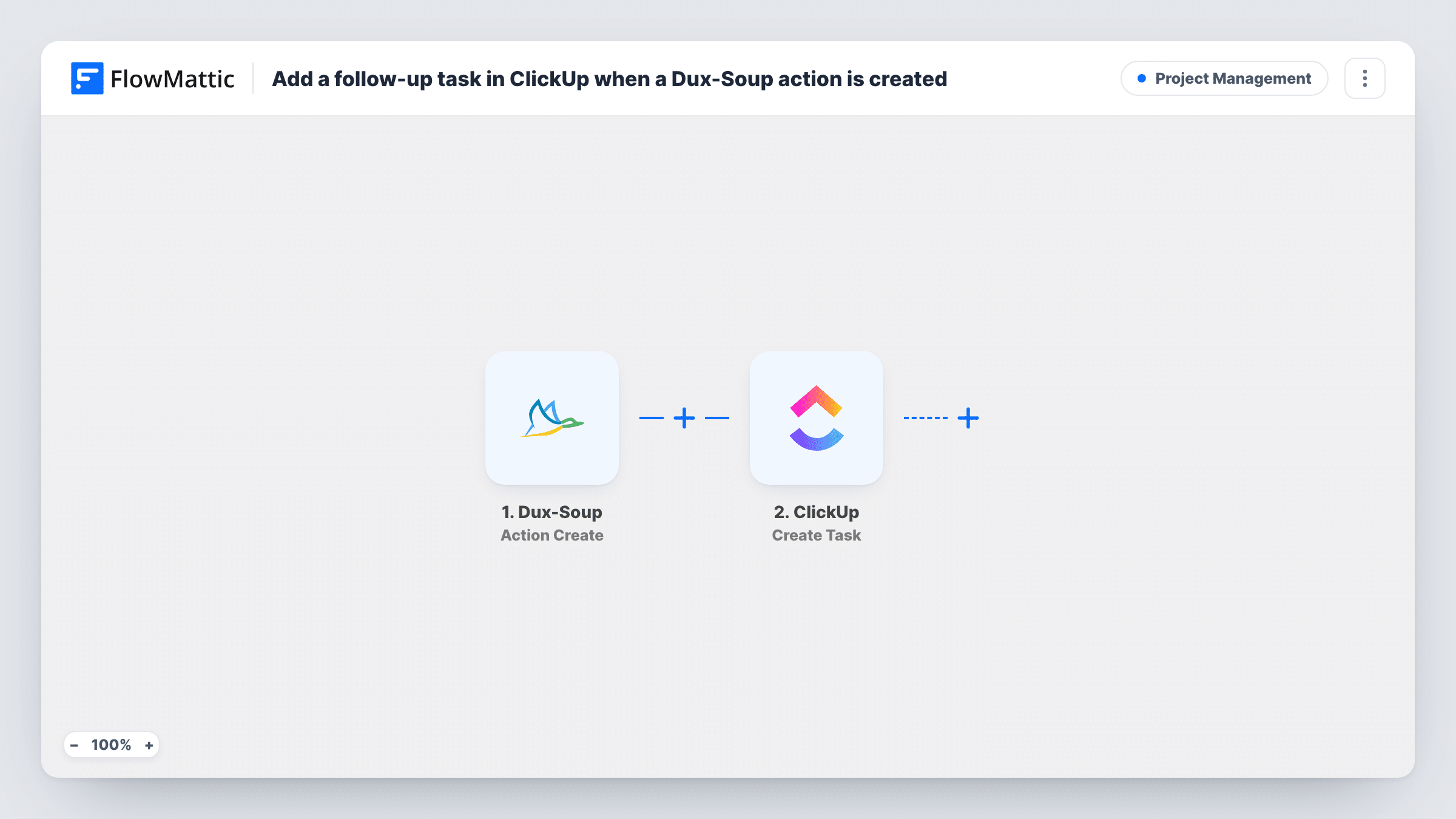 The Add a follow-up task in ClickUp when a Dux-Soup action is created workflow on the FlowMattic canvas, with 2 steps across Dux-Soup, ClickUp
