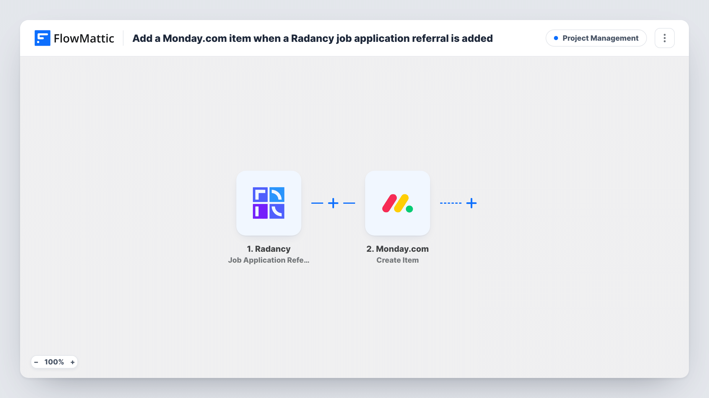 The Add a Monday.com item when a Radancy job application referral is added workflow on the FlowMattic canvas, with 2 steps across Radancy, Monday.com
