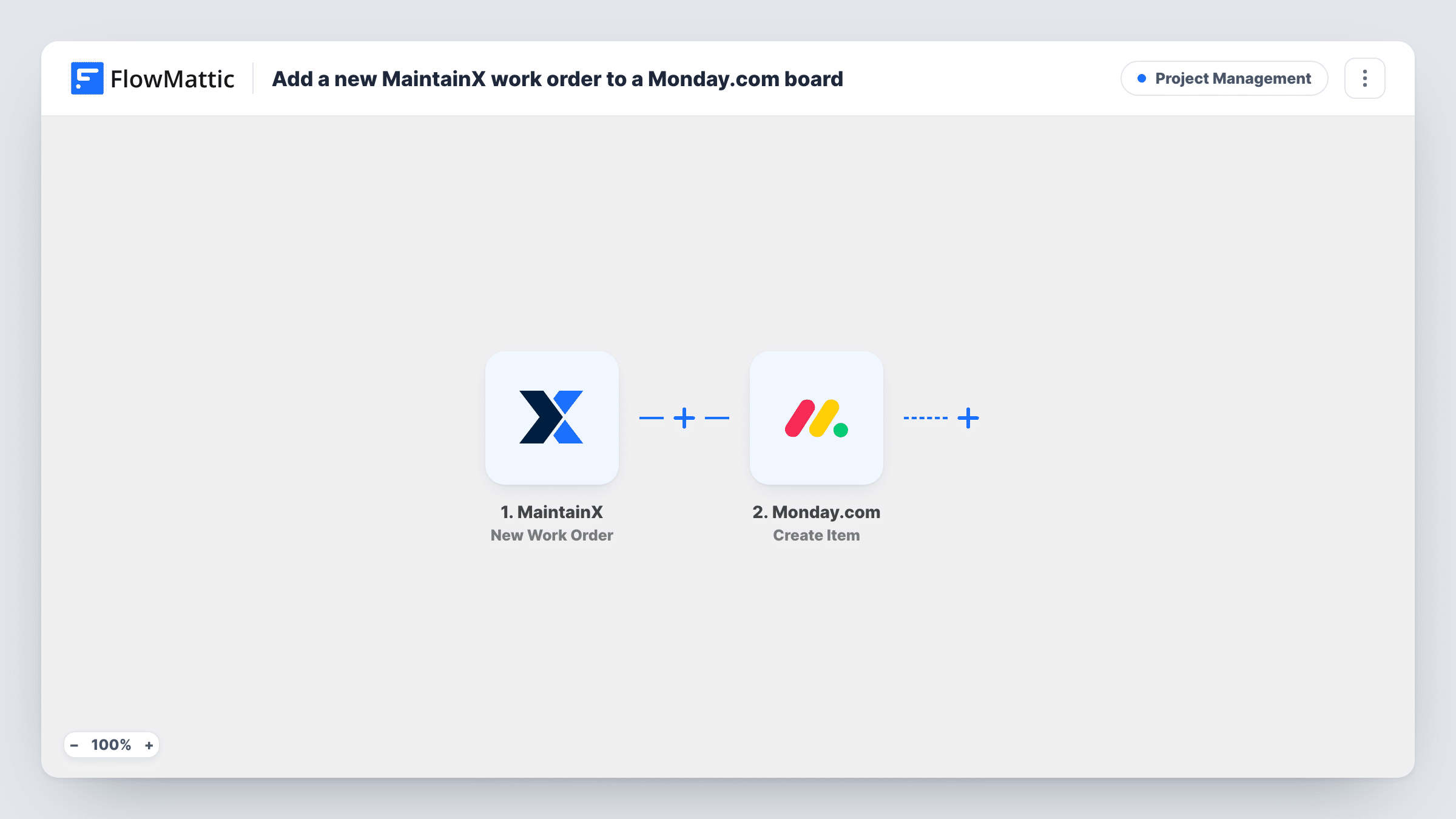 The Add a new MaintainX work order to a Monday.com board workflow on the FlowMattic canvas, with 2 steps across MaintainX, Monday.com