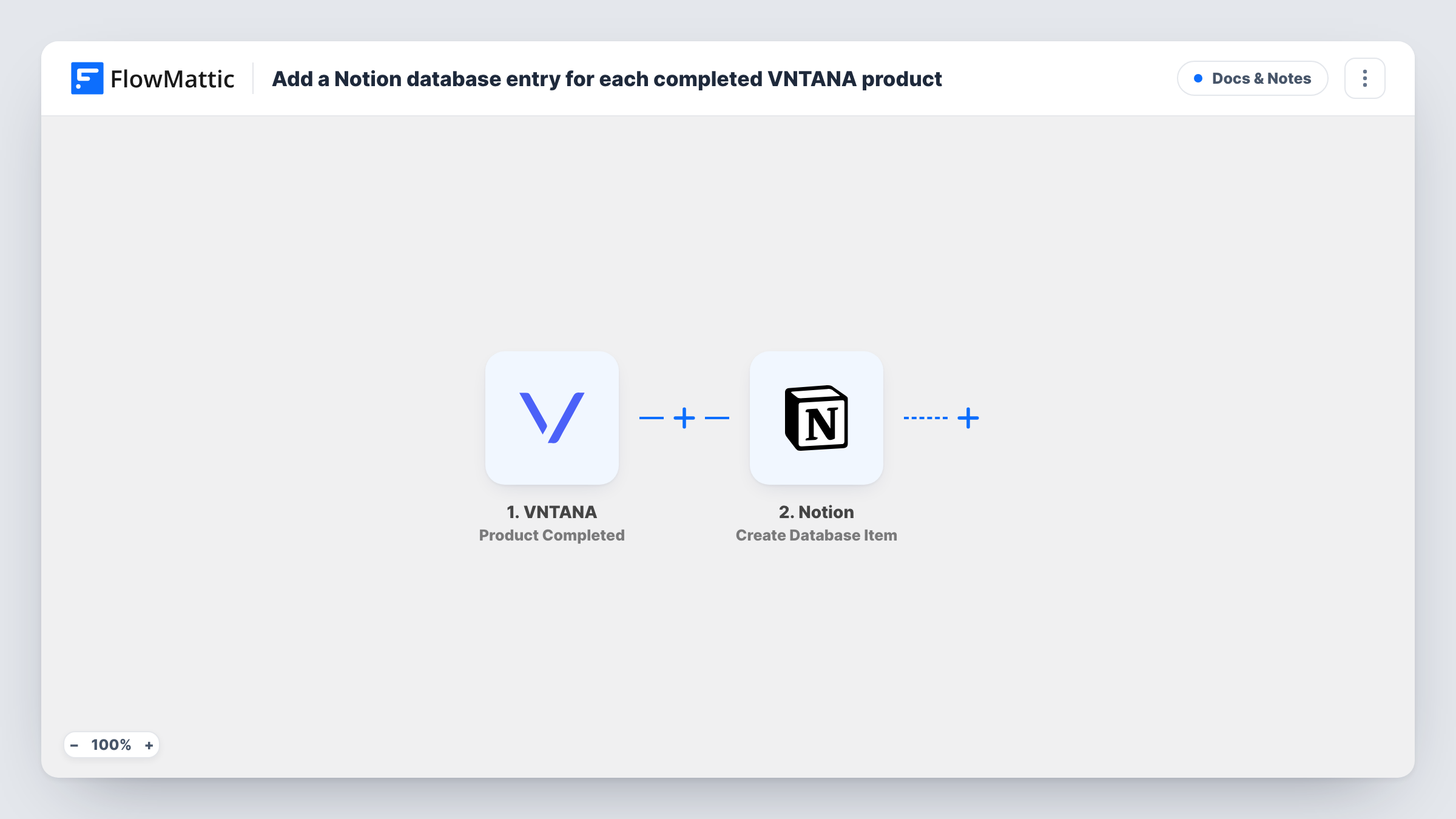 The Add a Notion database entry for each completed VNTANA product workflow on the FlowMattic canvas, with 2 steps across VNTANA, Notion
