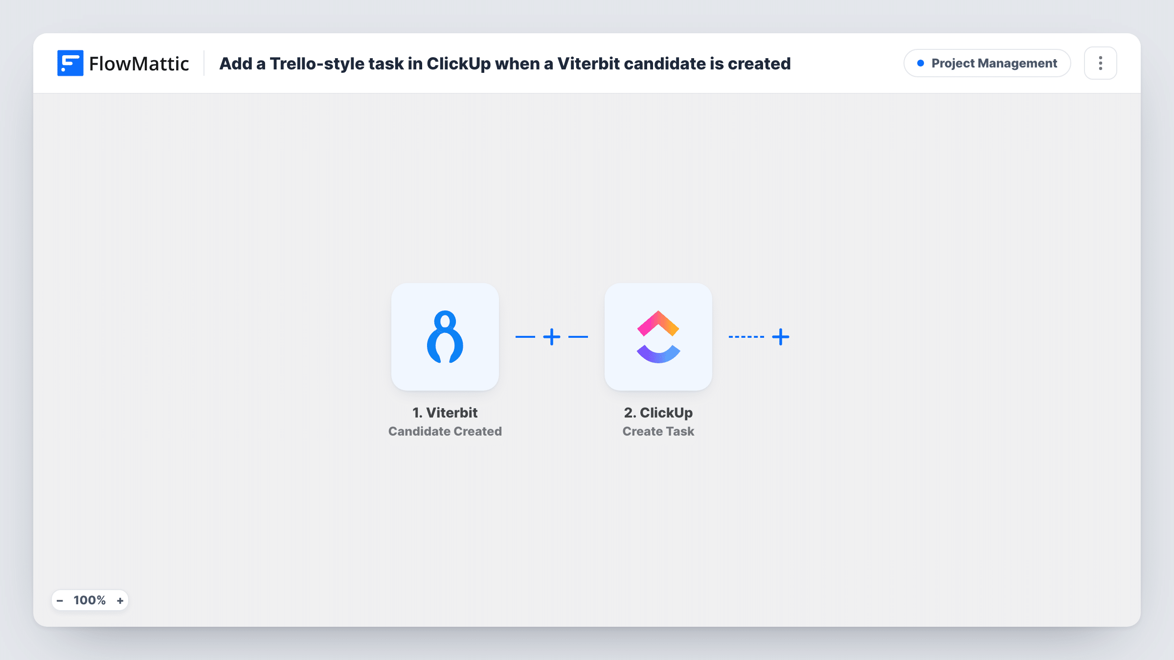 The Add a Trello-style task in ClickUp when a Viterbit candidate is created workflow on the FlowMattic canvas, with 2 steps across Viterbit, ClickUp