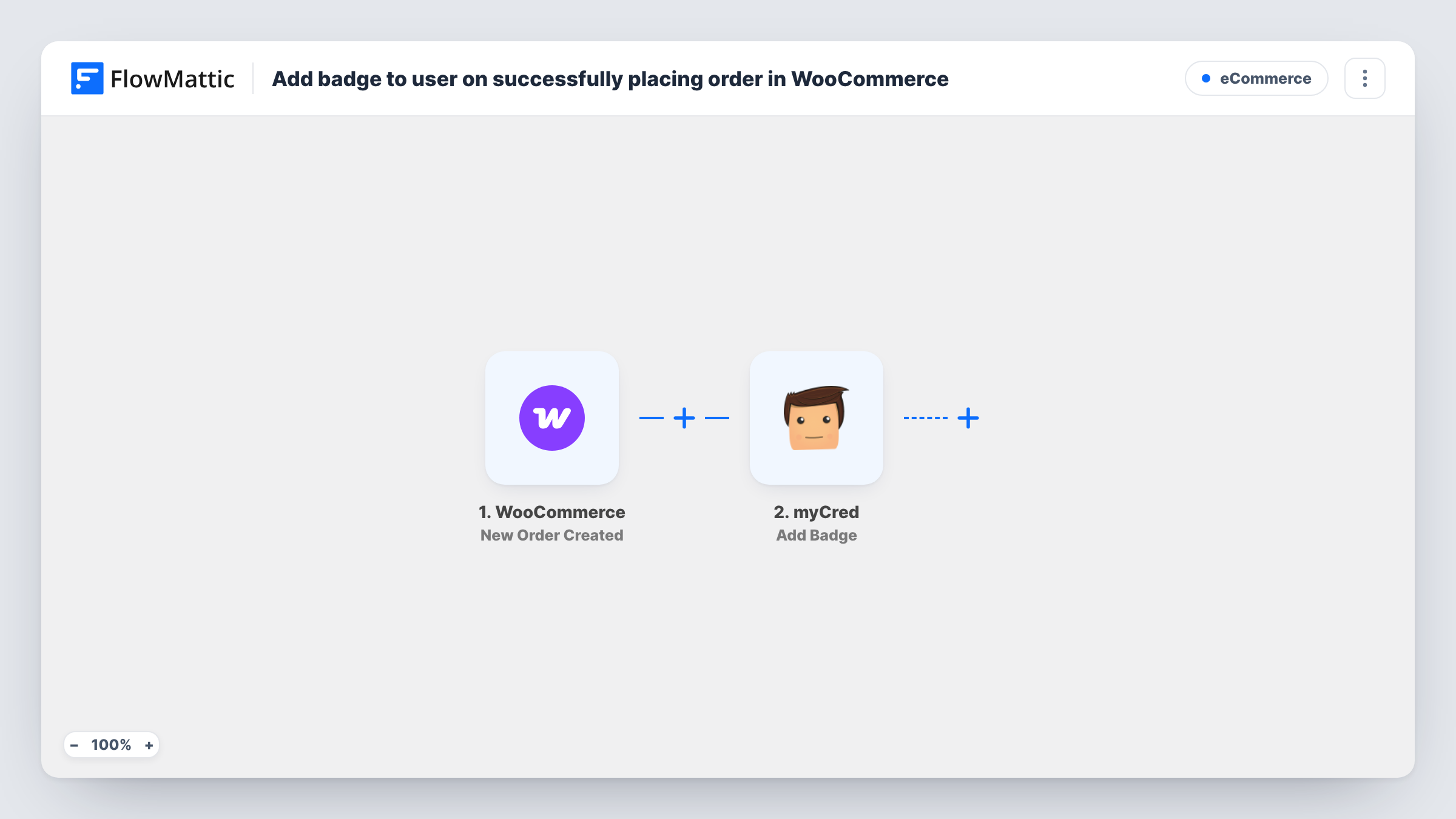 The Add badge to user on successfully placing order in WooCommerce workflow on the FlowMattic canvas, with 2 steps across WooCommerce, myCred