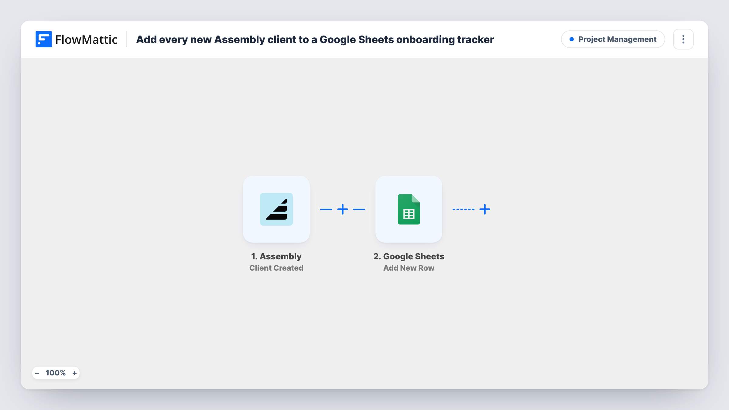 The Add every new Assembly client to a Google Sheets onboarding tracker workflow on the FlowMattic canvas, with 2 steps across Assembly, Google Sheets
