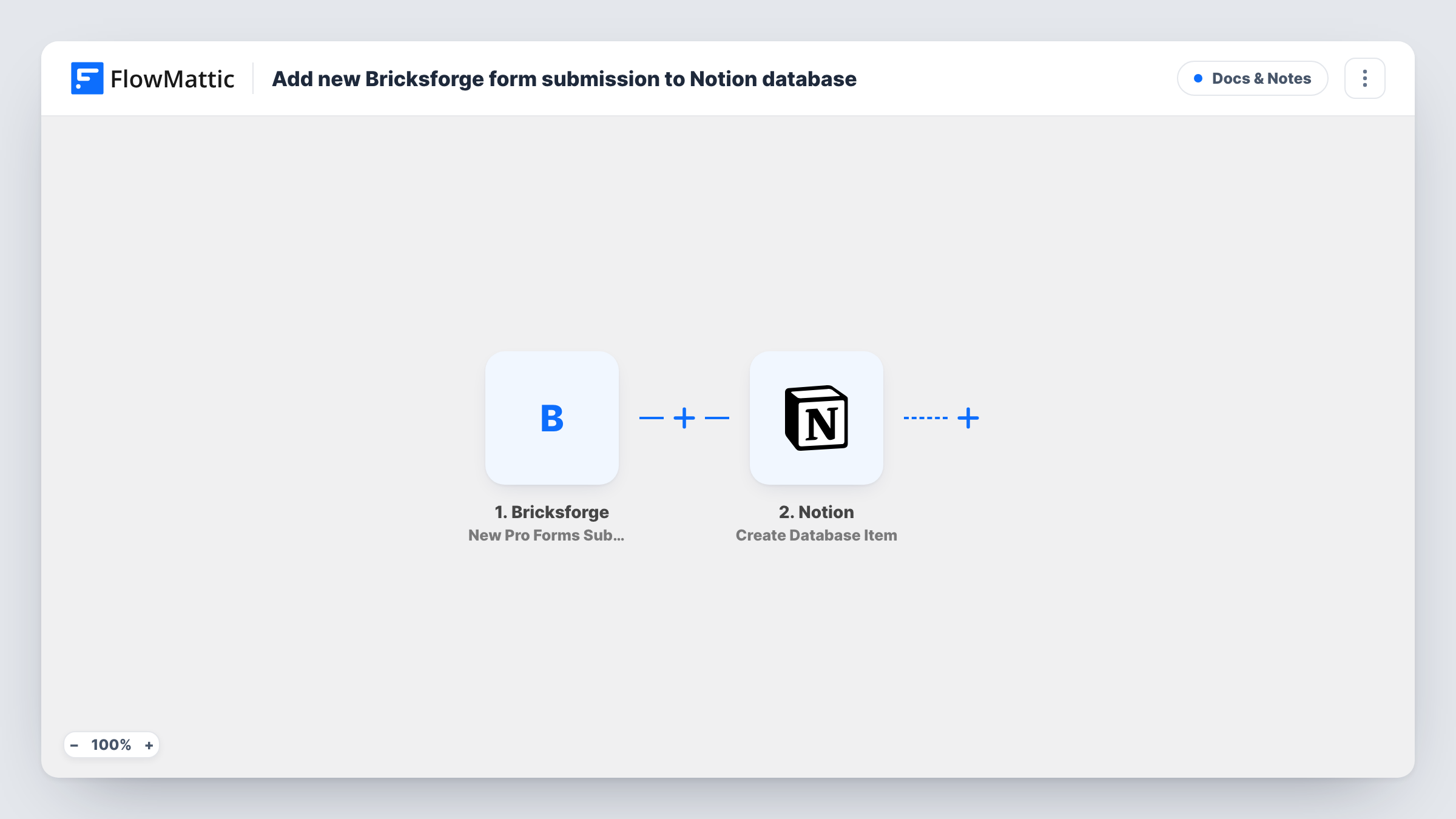 The Add new Bricksforge form submission to Notion database workflow on the FlowMattic canvas, with 2 steps across Bricksforge, Notion