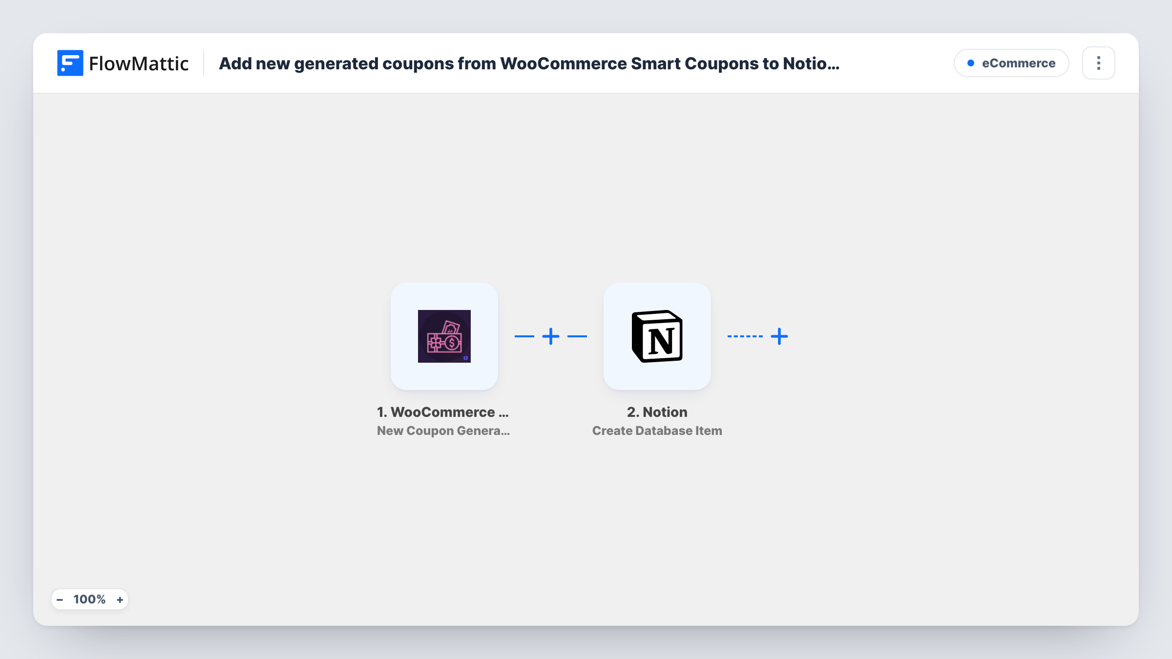 The Add new generated coupons from WooCommerce Smart Coupons to Notion database workflow on the FlowMattic canvas, with 2 steps across WooCommerce Smart Coupons, Notion