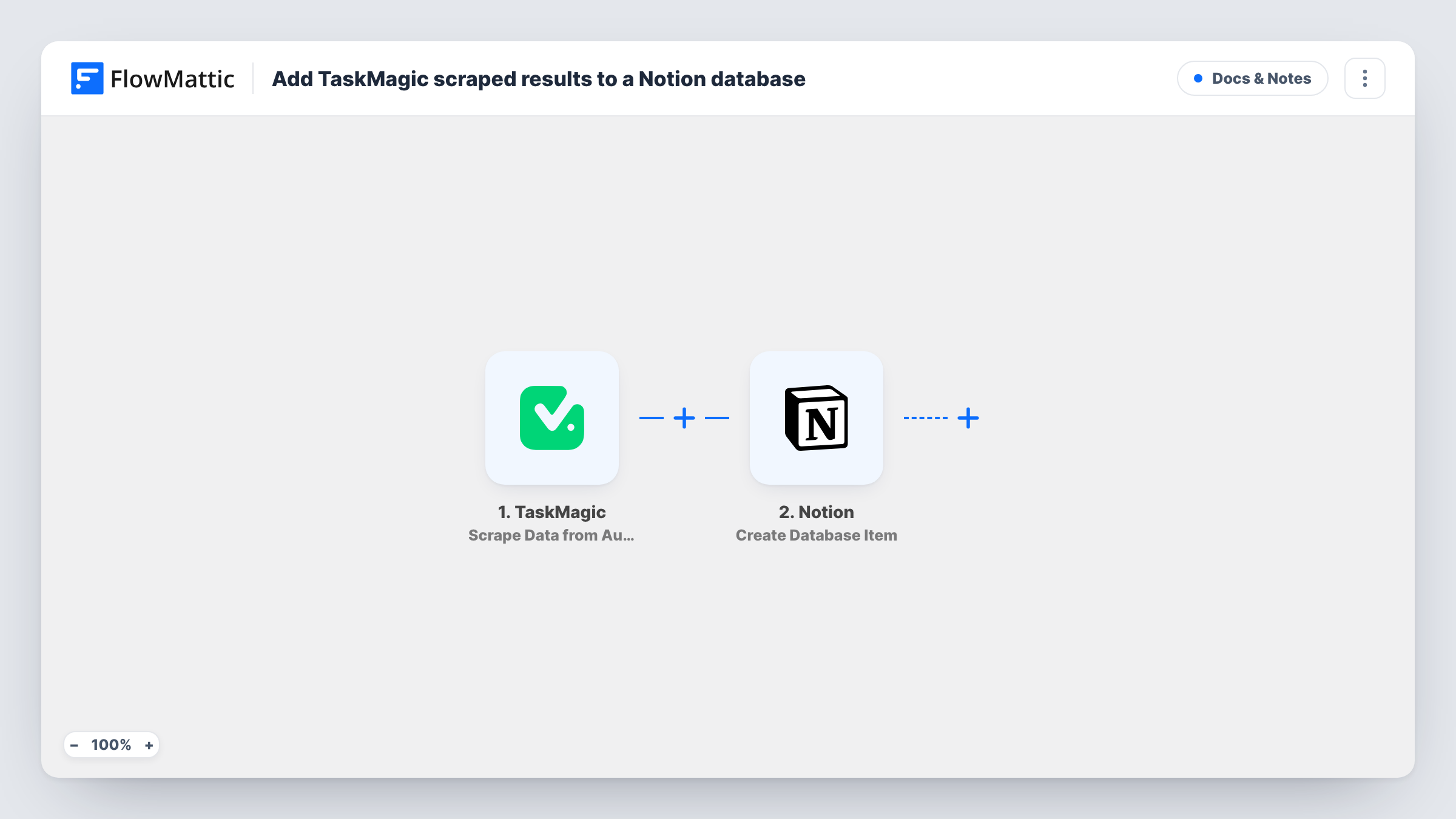 The Add TaskMagic scraped results to a Notion database workflow on the FlowMattic canvas, with 2 steps across TaskMagic, Notion