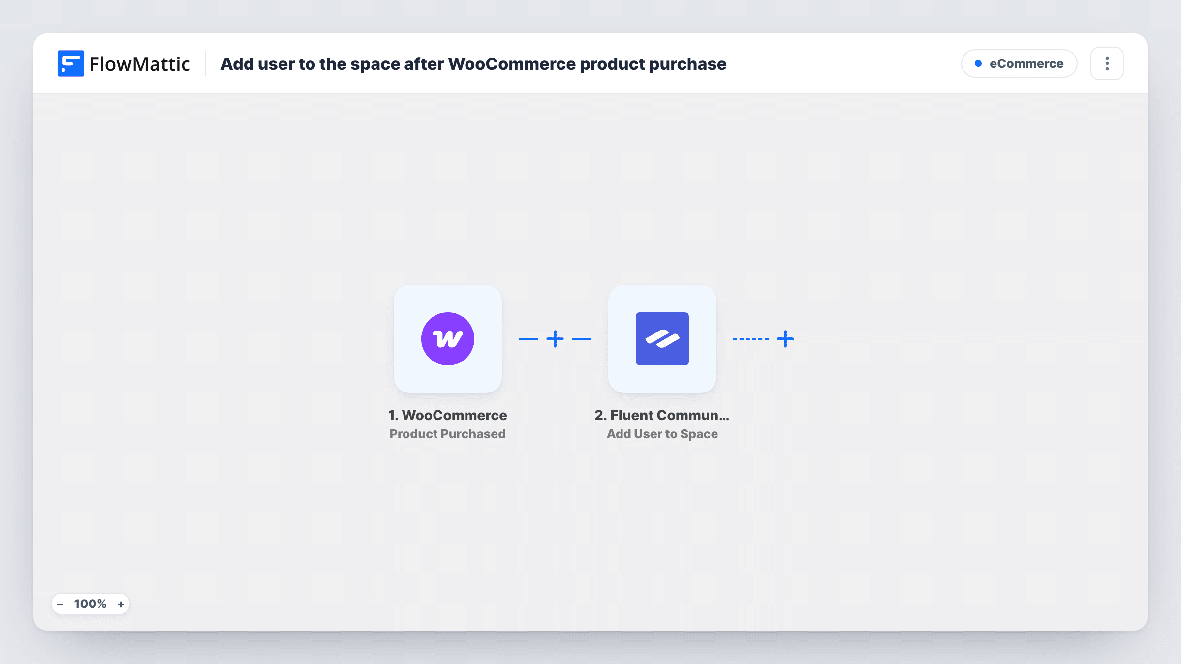 The Add user to the space after WooCommerce product purchase workflow on the FlowMattic canvas, with 2 steps across WooCommerce, Fluent Community