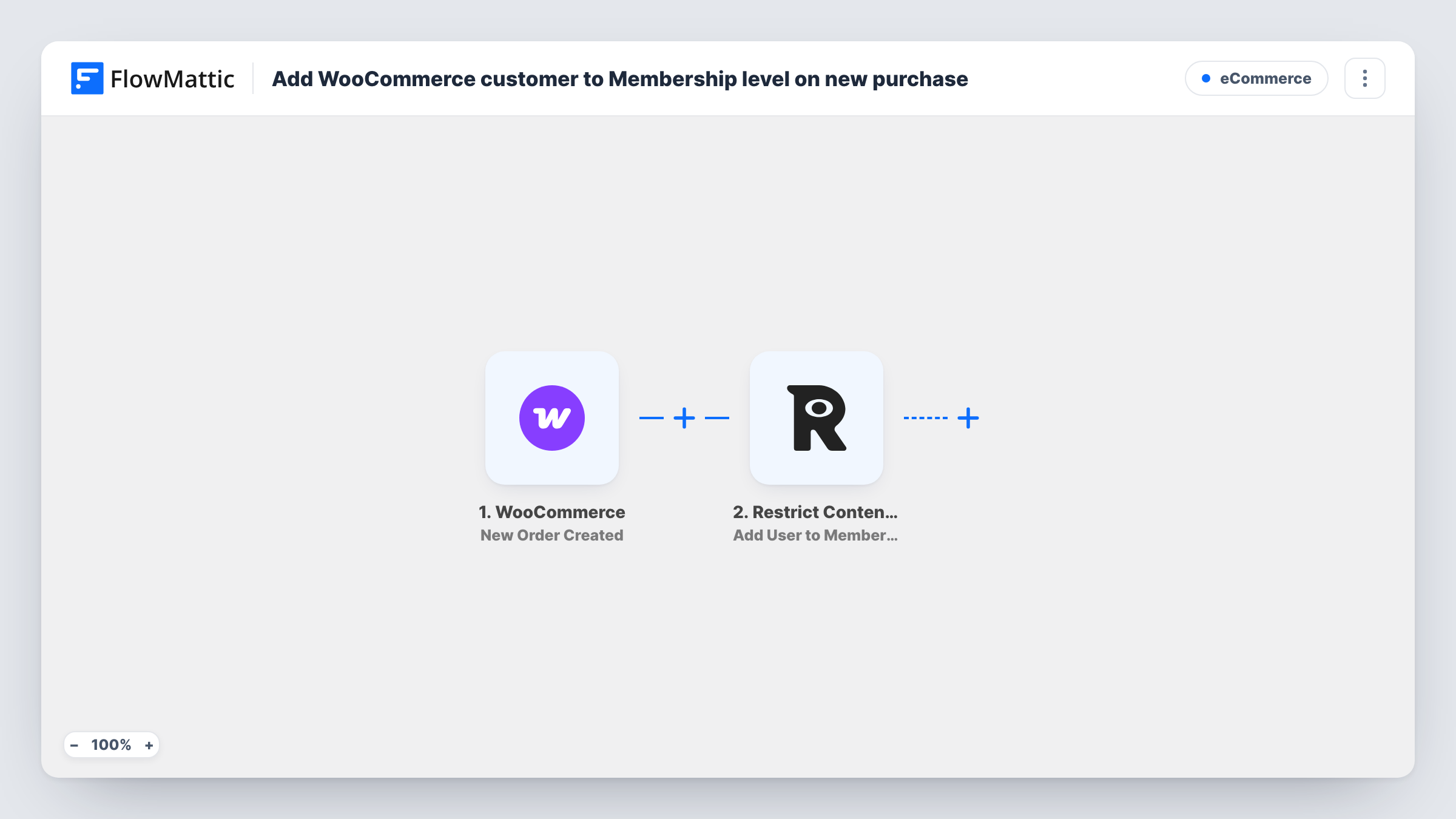 The Add WooCommerce customer to Membership level on new purchase workflow on the FlowMattic canvas, with 2 steps across WooCommerce, Restrict Content Pro