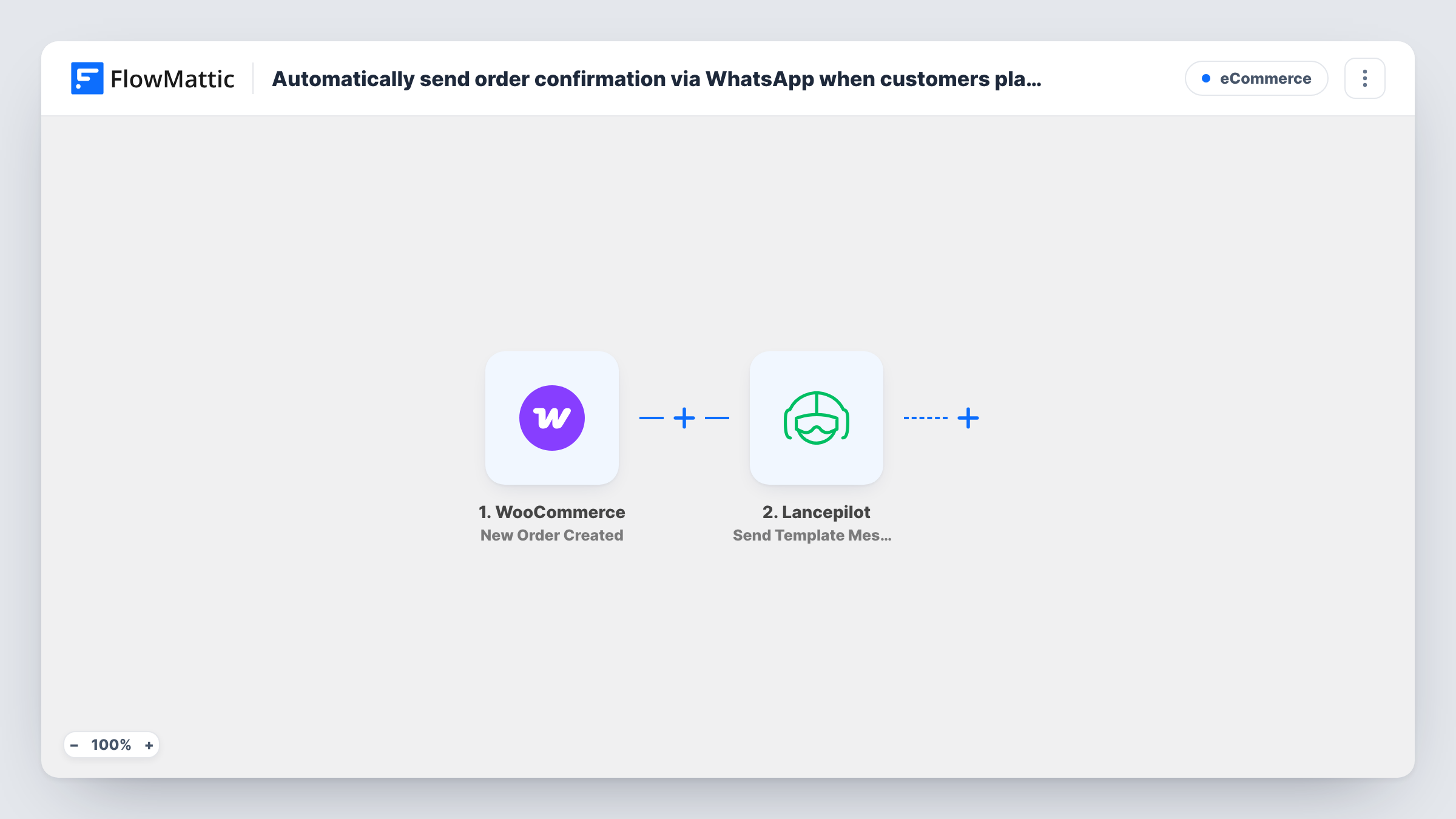 The Automatically send order confirmation via WhatsApp when customers place orders on WooCommerce workflow on the FlowMattic canvas, with 2 steps across WooCommerce, Lancepilot