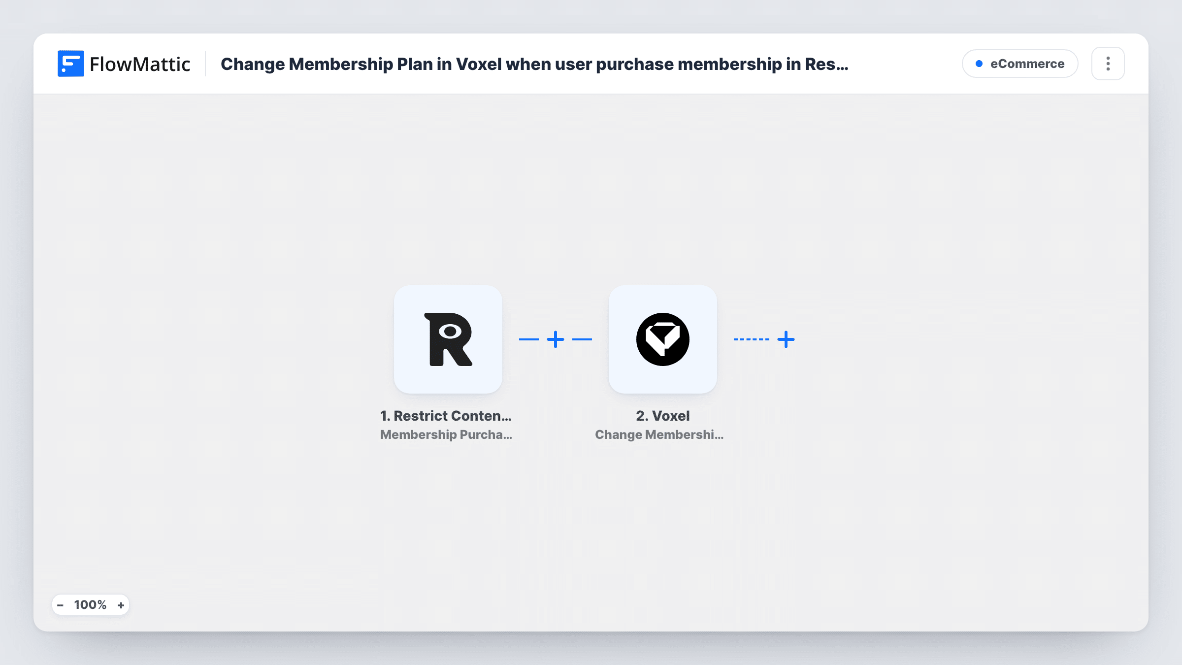 The Change Membership Plan in Voxel when user purchase membership in Restrict Content Pro workflow on the FlowMattic canvas, with 2 steps across Restrict Content Pro, Voxel