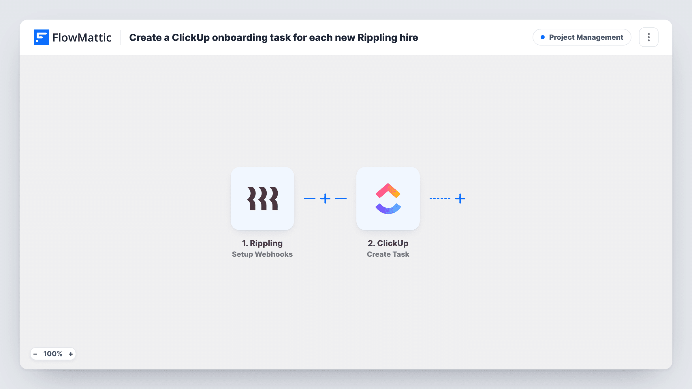 The Create a ClickUp onboarding task for each new Rippling hire workflow on the FlowMattic canvas, with 2 steps across Rippling, ClickUp