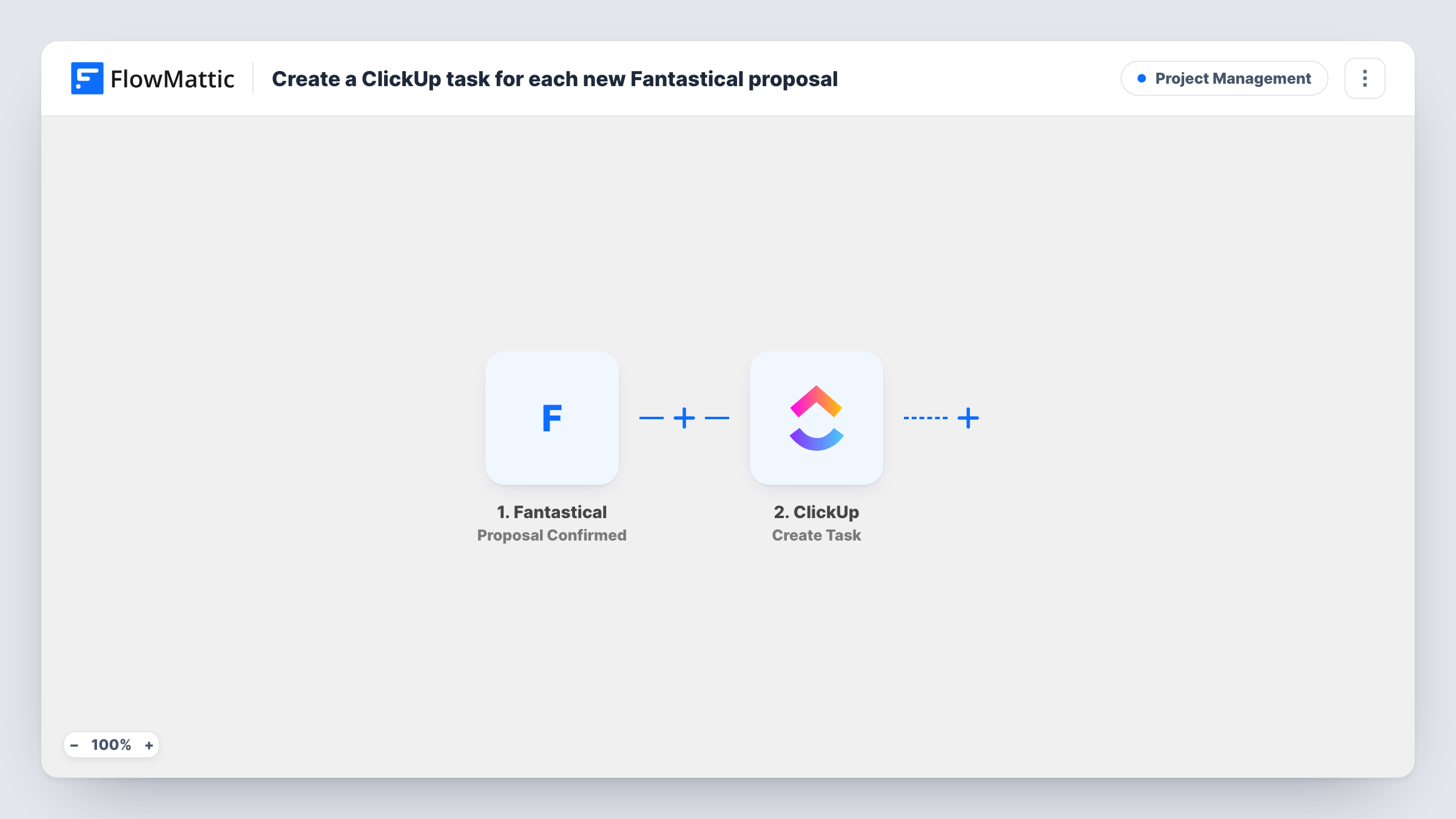The Create a ClickUp task for each new Fantastical proposal workflow on the FlowMattic canvas, with 2 steps across Fantastical, ClickUp