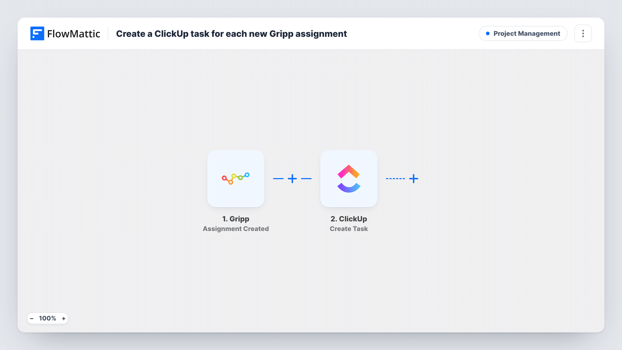 The Create a ClickUp task for each new Gripp assignment workflow on the FlowMattic canvas, with 2 steps across Gripp, ClickUp