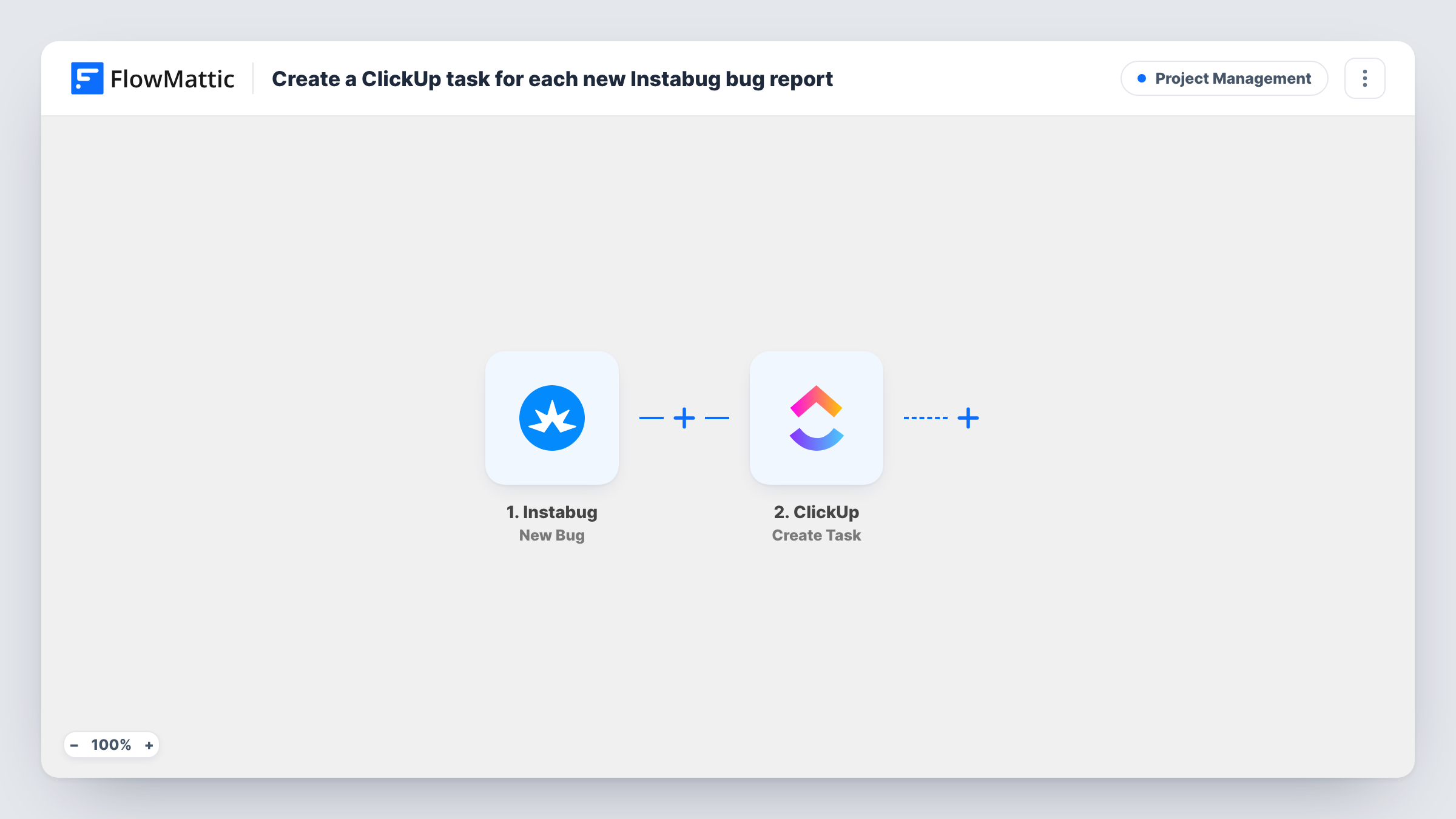The Create a ClickUp task for each new Instabug bug report workflow on the FlowMattic canvas, with 2 steps across Instabug, ClickUp