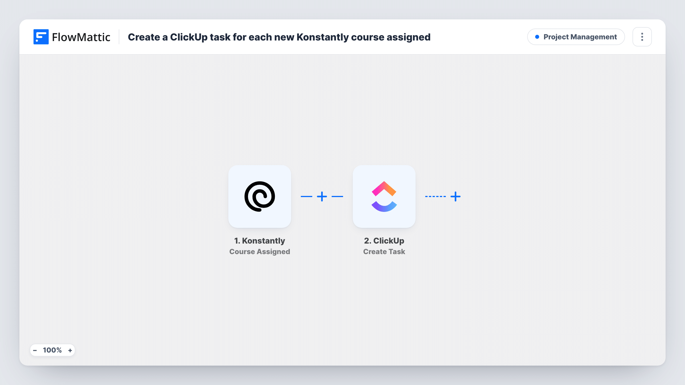 The Create a ClickUp task for each new Konstantly course assigned workflow on the FlowMattic canvas, with 2 steps across Konstantly, ClickUp