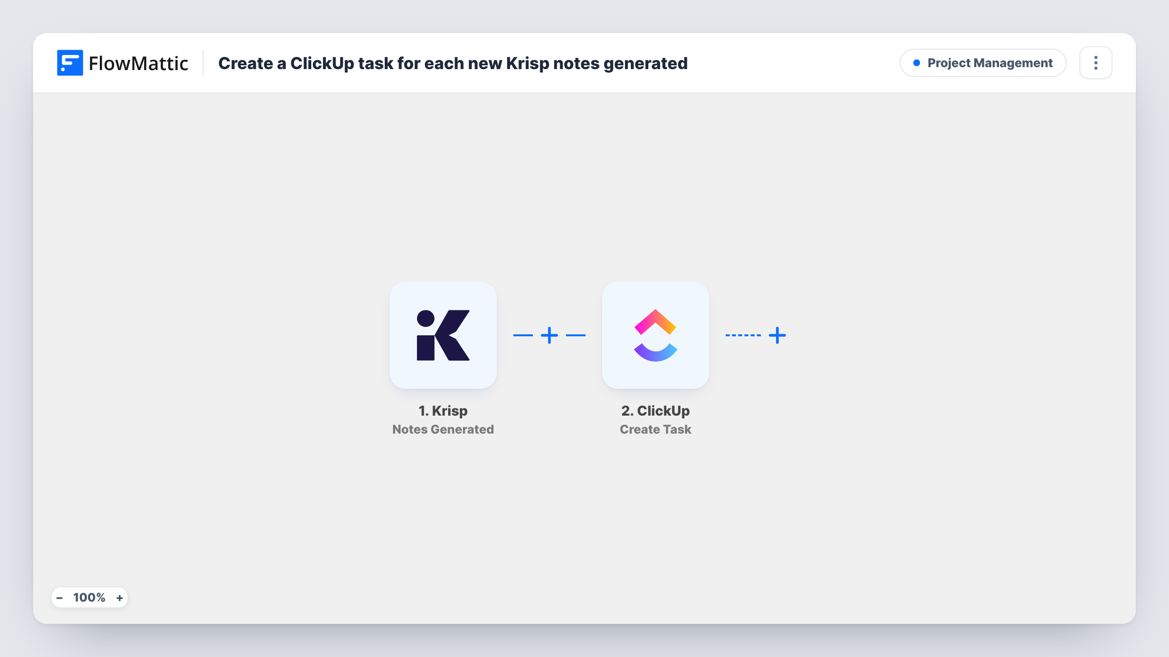 The Create a ClickUp task for each new Krisp notes generated workflow on the FlowMattic canvas, with 2 steps across Krisp, ClickUp