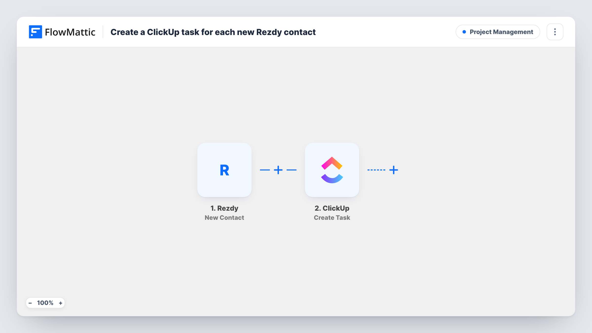 The Create a ClickUp task for each new Rezdy contact workflow on the FlowMattic canvas, with 2 steps across Rezdy, ClickUp