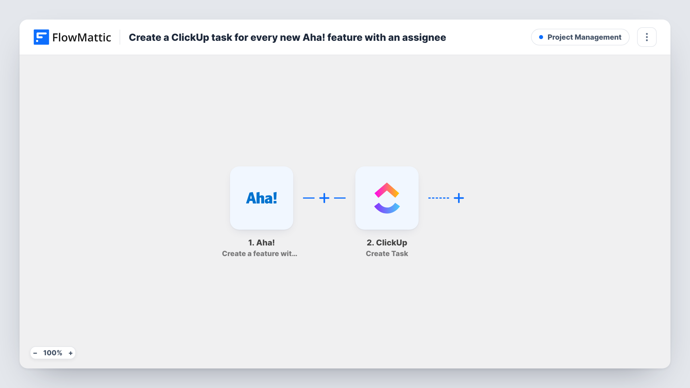 The Create a ClickUp task for every new Aha! feature with an assignee workflow on the FlowMattic canvas, with 2 steps across Aha!, ClickUp