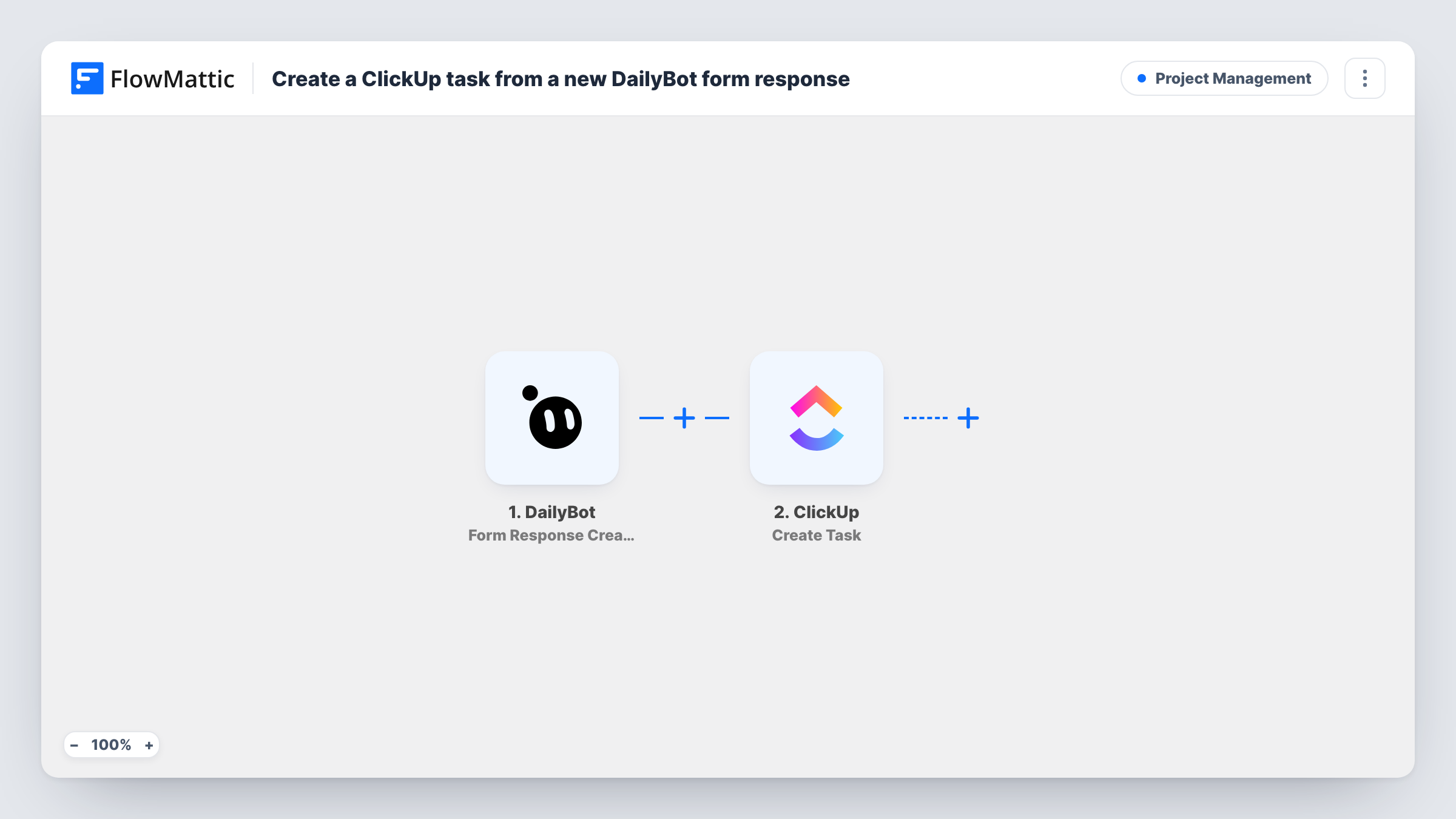 The Create a ClickUp task from a new DailyBot form response workflow on the FlowMattic canvas, with 2 steps across DailyBot, ClickUp