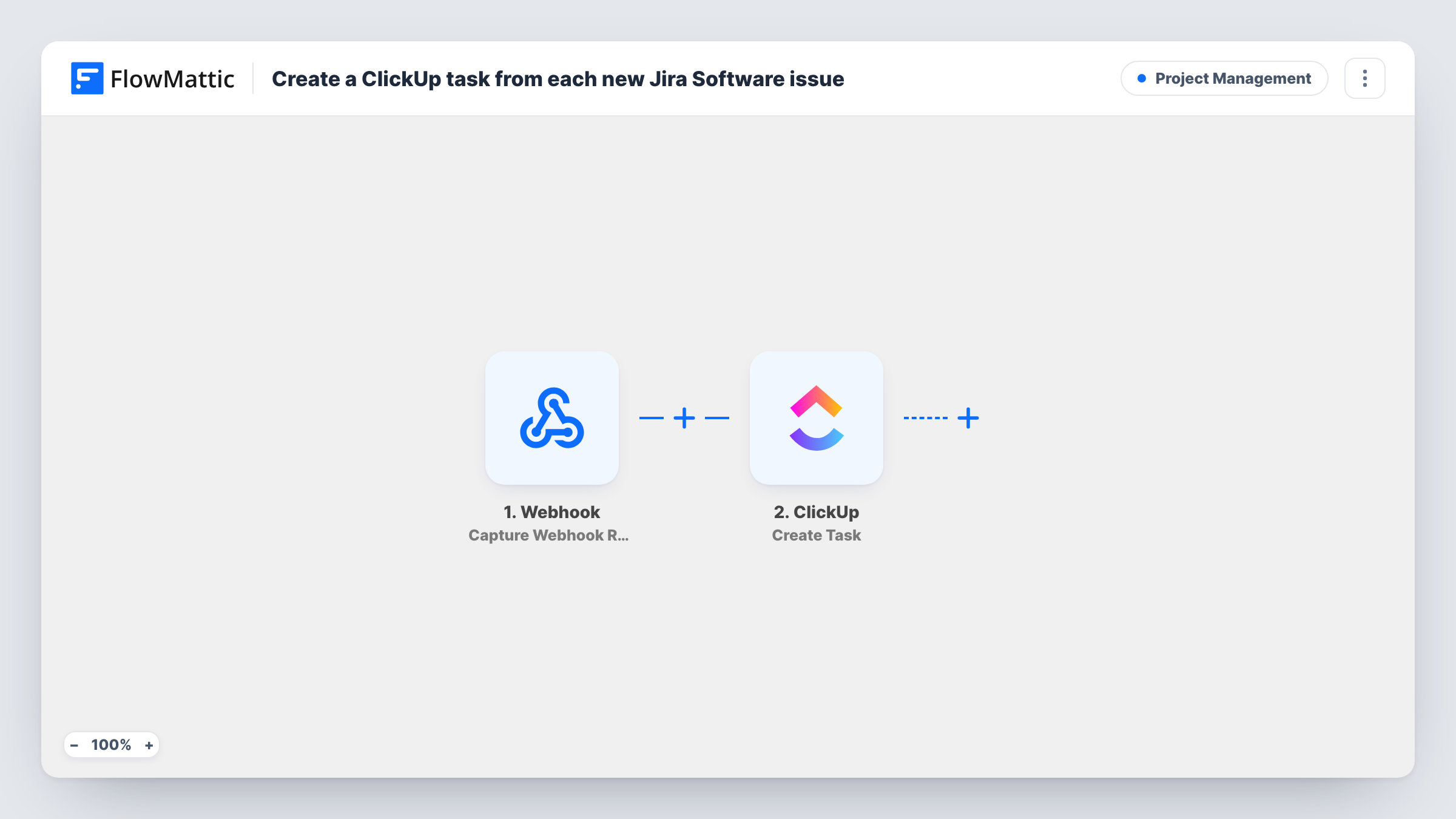 The Create a ClickUp task from each new Jira Software issue workflow on the FlowMattic canvas, with 2 steps across Webhook, ClickUp