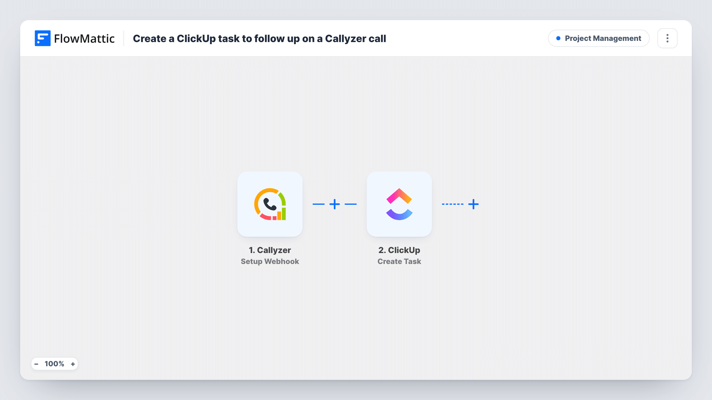 The Create a ClickUp task to follow up on a Callyzer call workflow on the FlowMattic canvas, with 2 steps across Callyzer, ClickUp