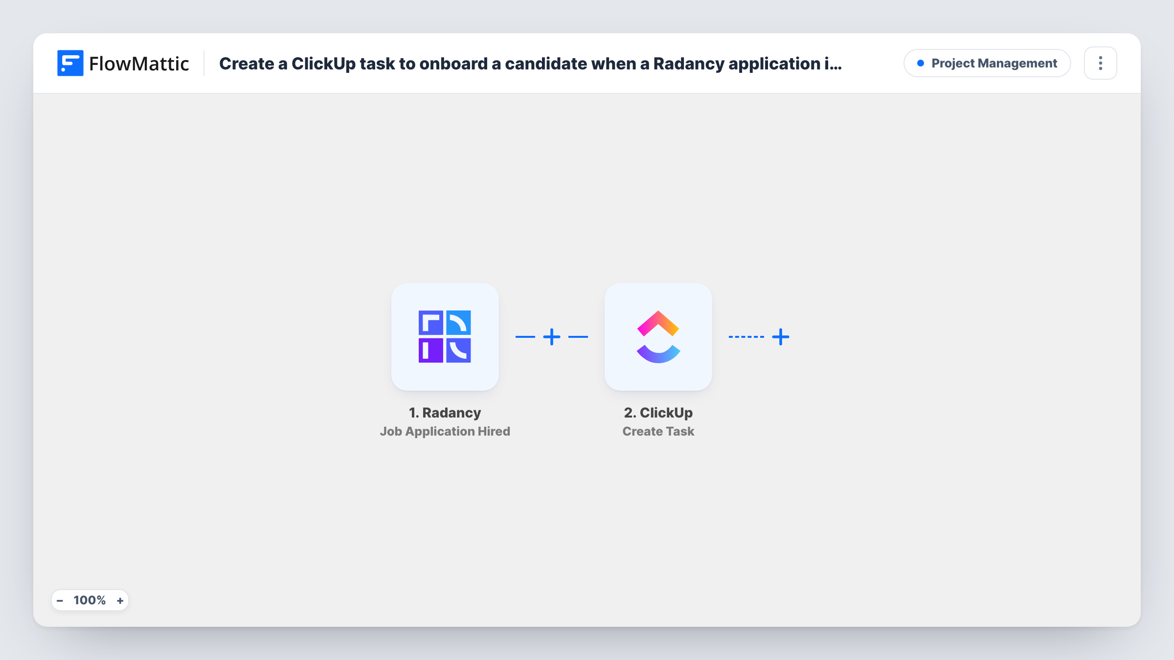 The Create a ClickUp task to onboard a candidate when a Radancy application is hired workflow on the FlowMattic canvas, with 2 steps across Radancy, ClickUp